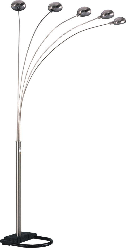 Modern silver arc floor lamp with five adjustable brushed nickel dome lights and a black weighted base