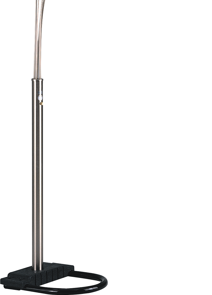 Modern brushed nickel arc floor lamp with black base and adjustable pole