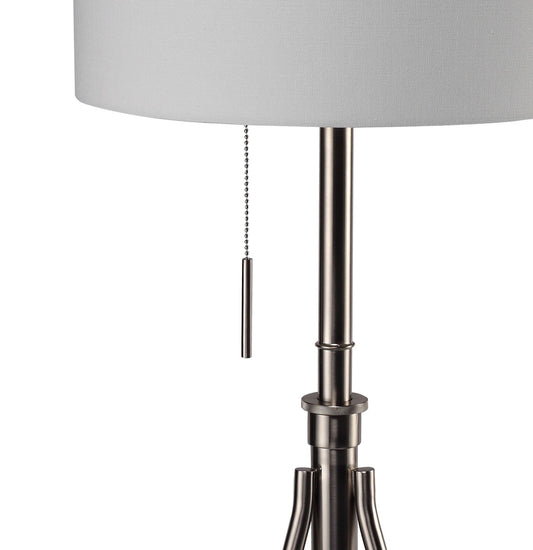 Brushed nickel floor lamp with white linen shade and pull chain