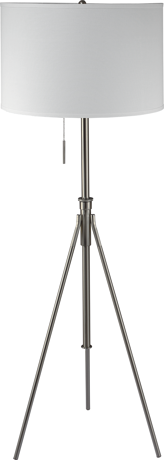 Brushed nickel tripod floor lamp with white drum shade perfect for modern living rooms
