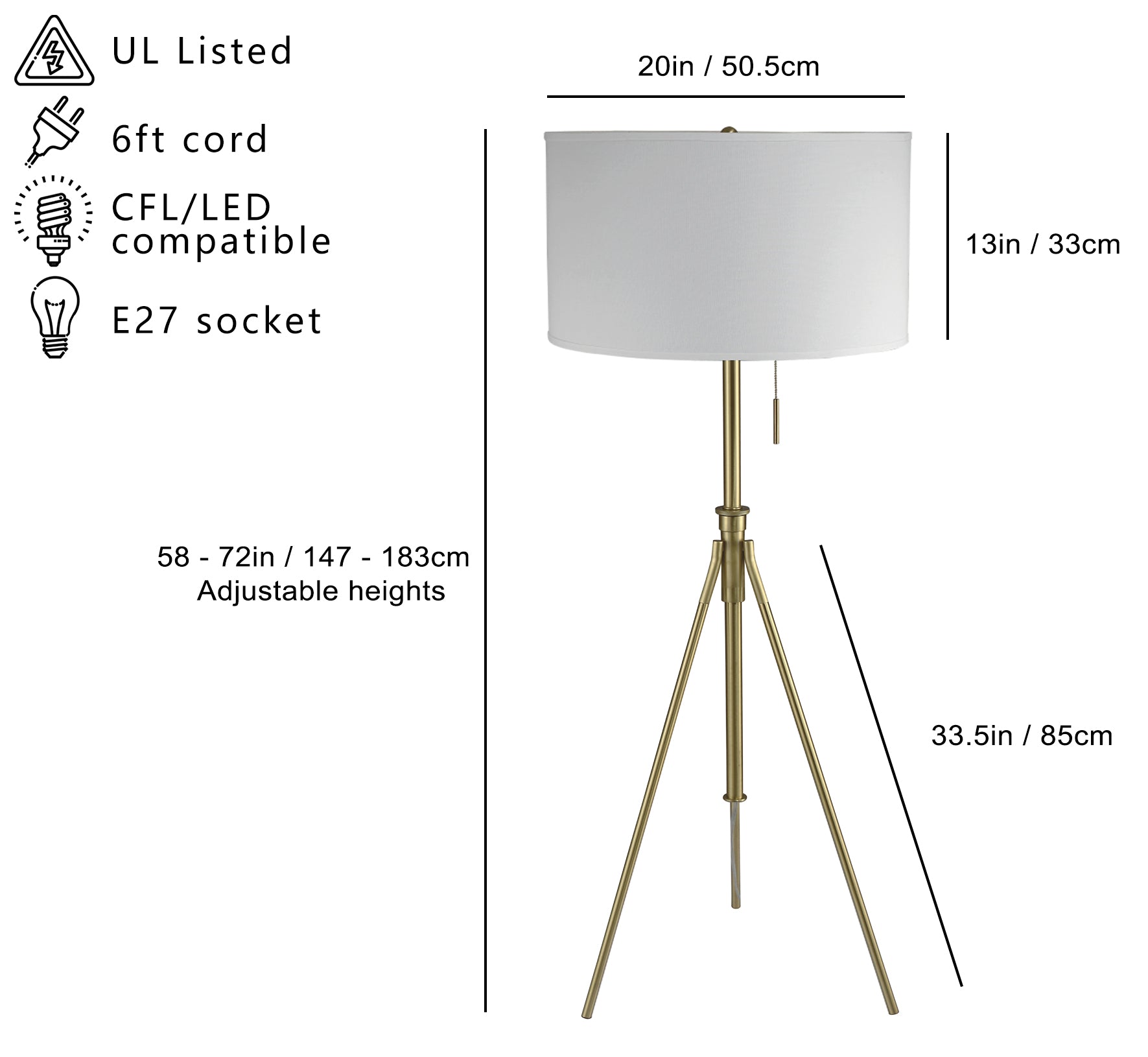 Adjustable height brass tripod floor lamp with white drum shade  inches wide