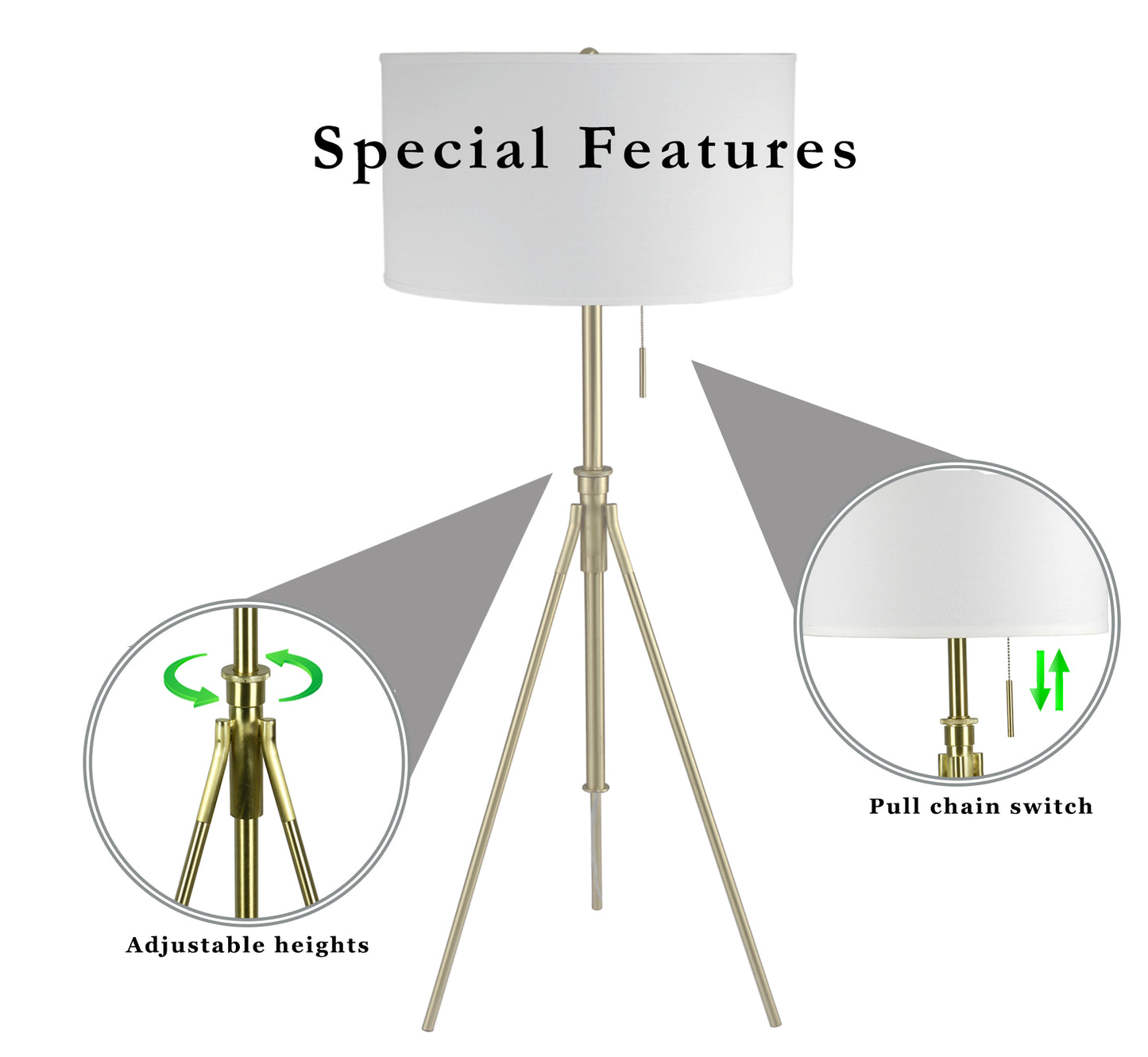 Gold tripod floor lamp with white drum shade adjustable height feature