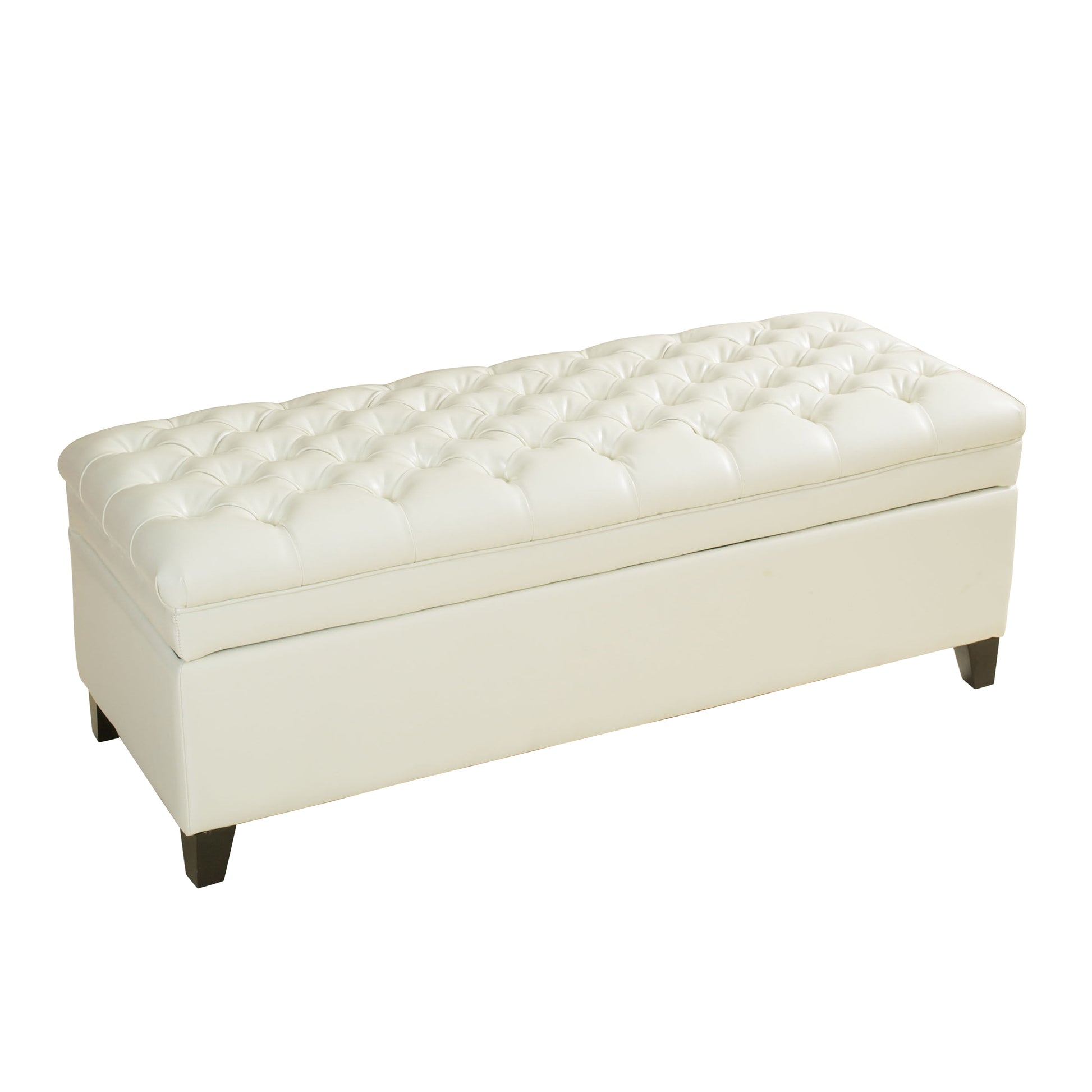 White tufted storage bench with dark legs