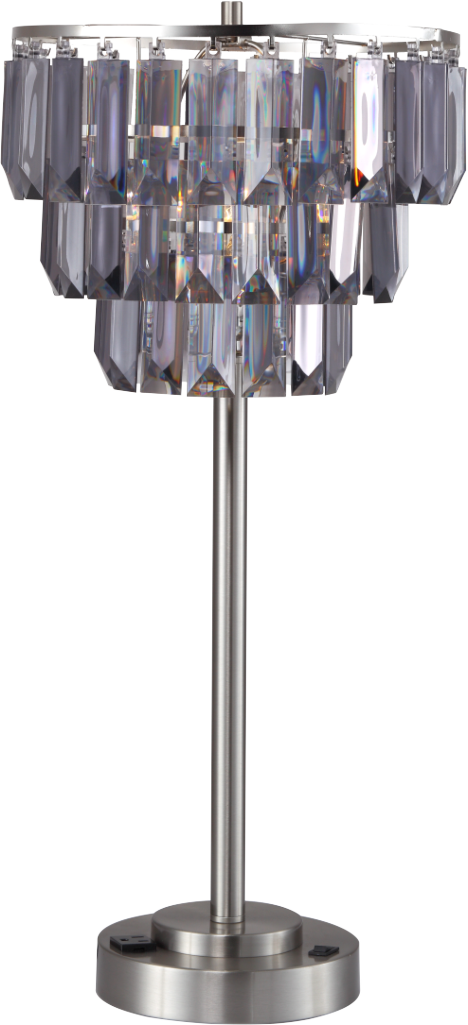 Elegant tiered crystal table lamp with brushed nickel finish perfect for accent lighting
