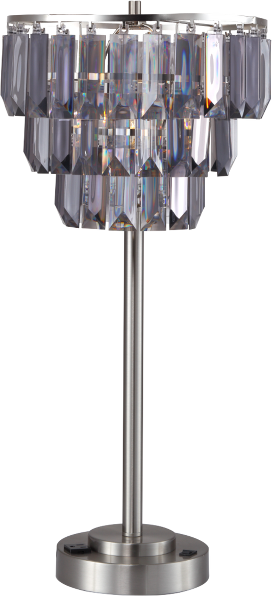 Elegant tiered crystal table lamp with brushed nickel finish perfect for accent lighting