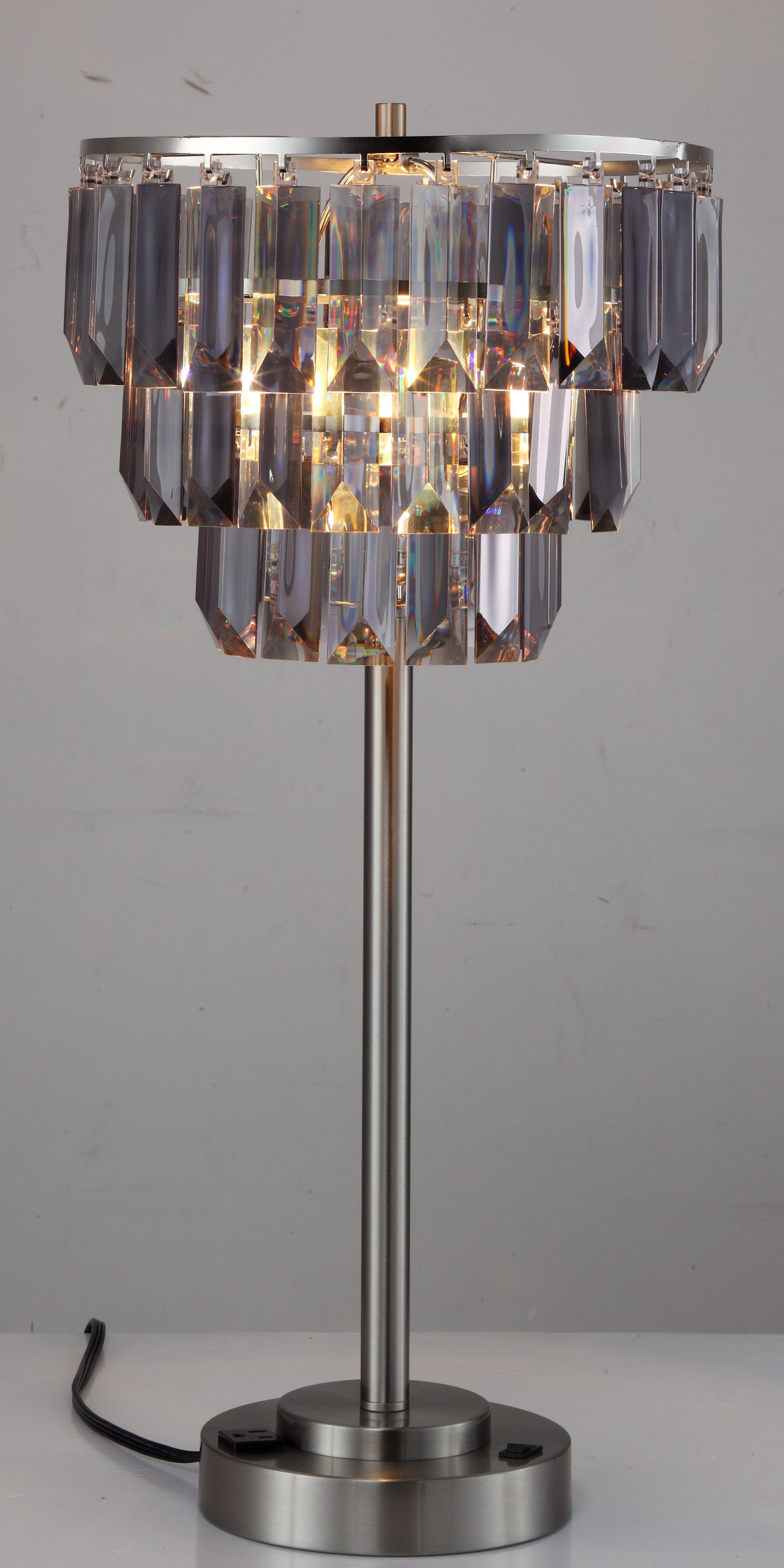 Elegant crystal tiered table lamp with brushed nickel base and builtin USB port