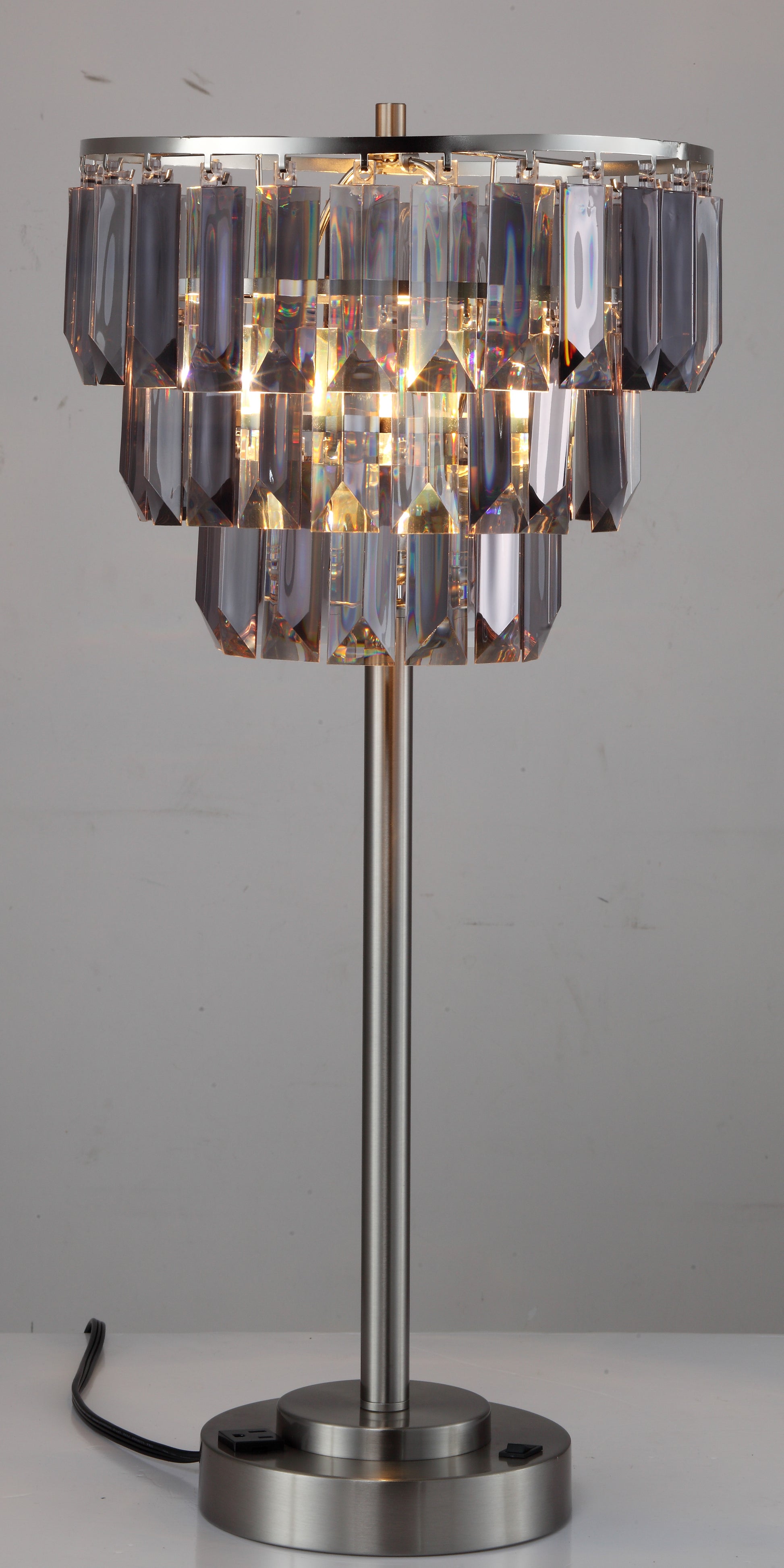 Elegant crystal tiered table lamp with brushed nickel base and builtin USB port