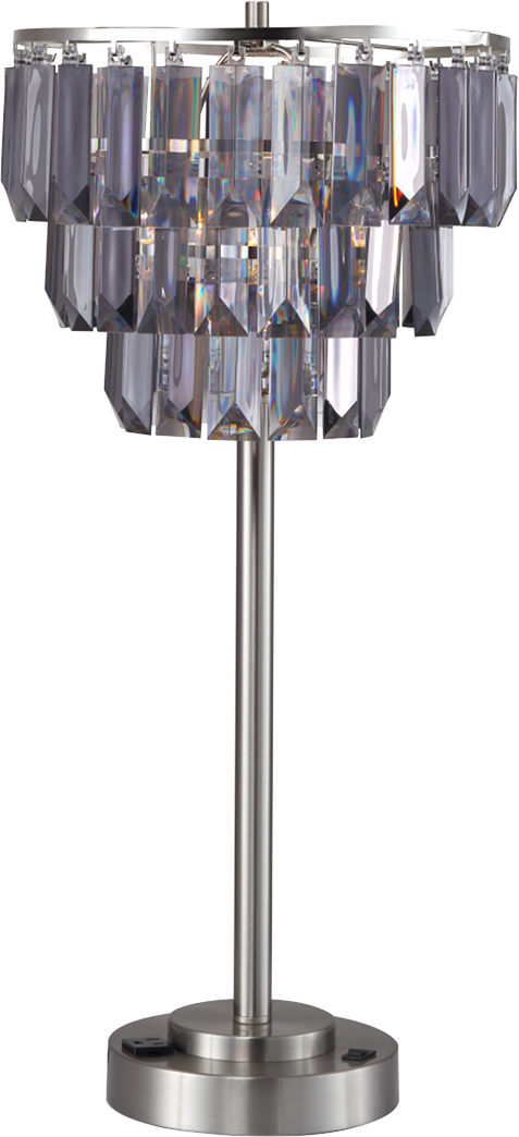 Glamorous crystal table lamp with brushed nickel finish featuring cascading faceted prisms and a USB charging base