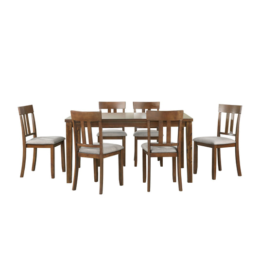 Brown wood dining set with six upholstered chairs and a rectangular table