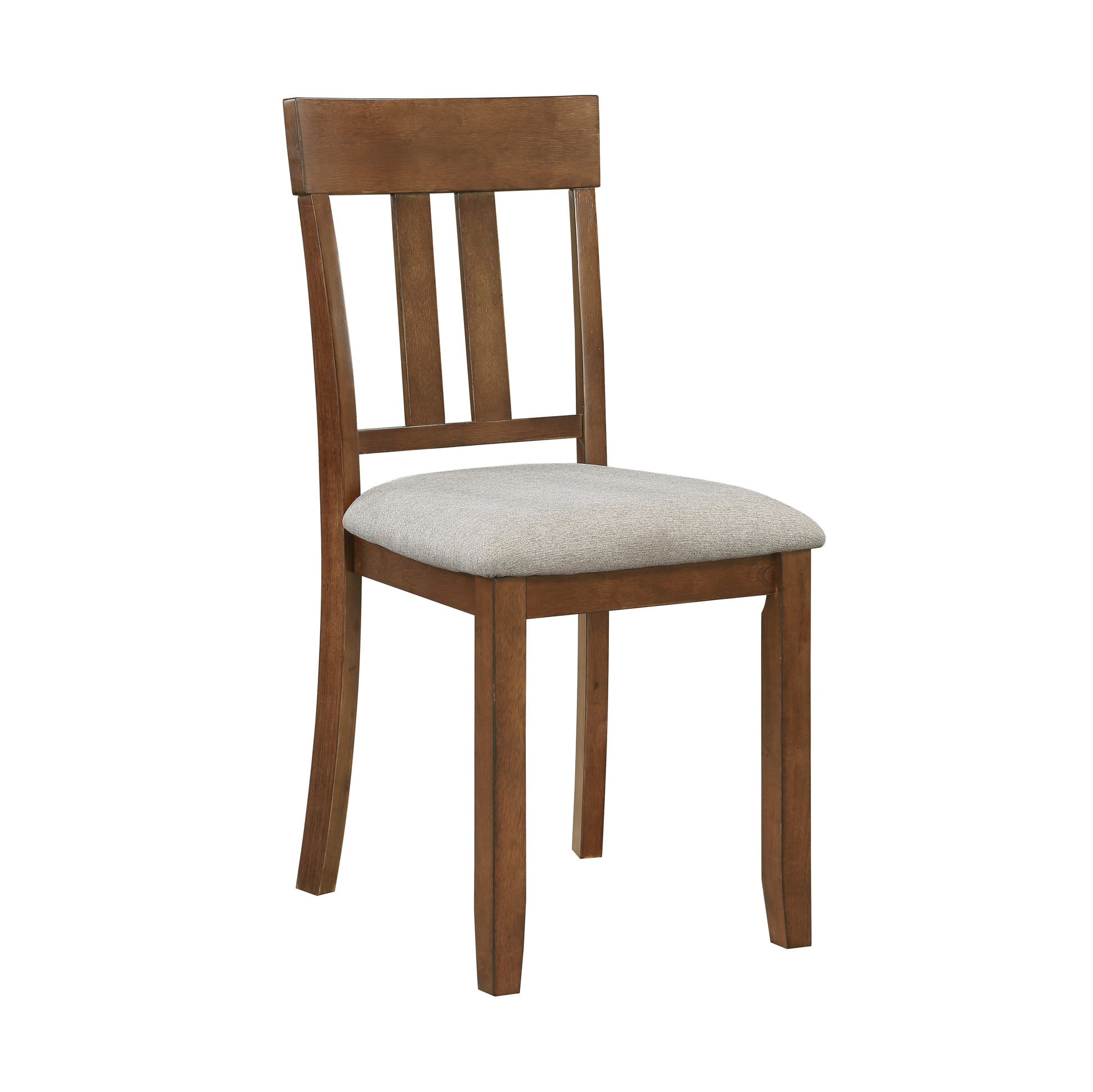 Brown wood dining chair with light gray upholstered seat and slatted back