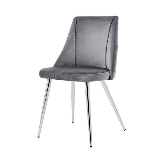 Grey velvet dining chair with modern chrome legs perfect for home decor