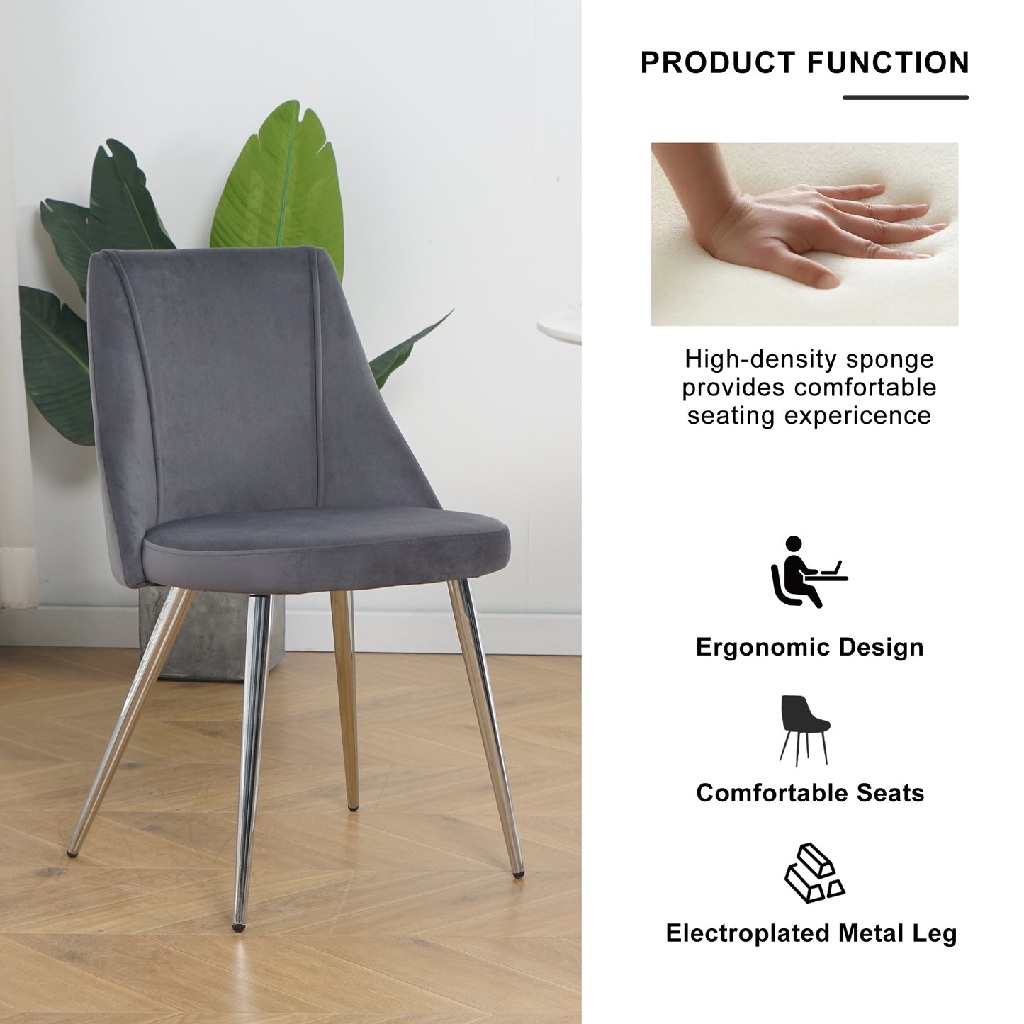 Dark grey velvet upholstered dining chair with polished chrome legs modern design