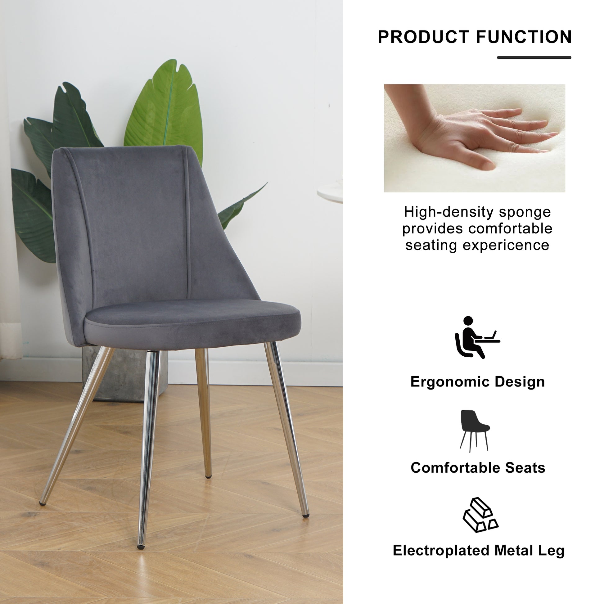 Dark grey velvet upholstered dining chair with polished chrome legs modern design