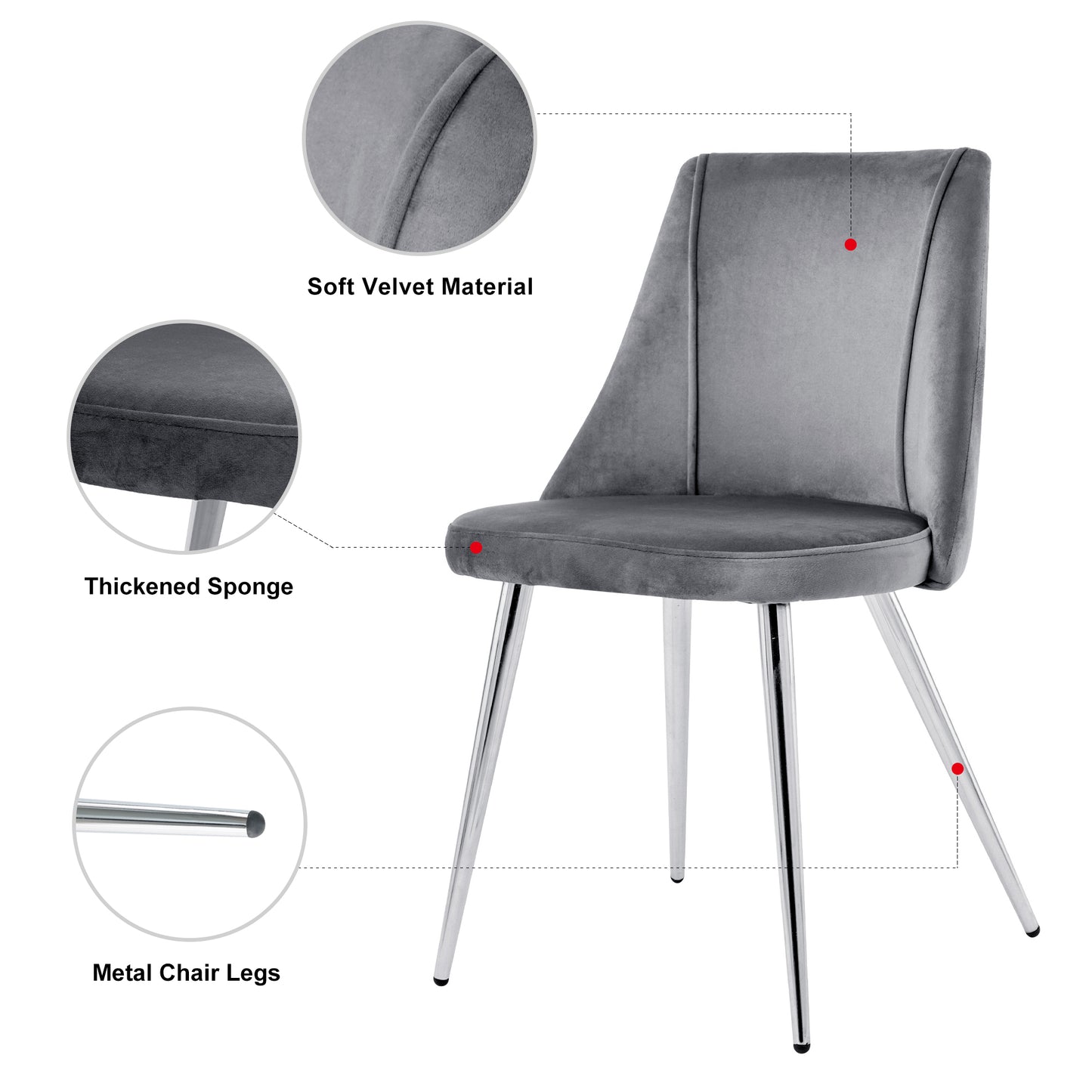 Grey velvet dining chair with plush cushioning and sleek metal legs