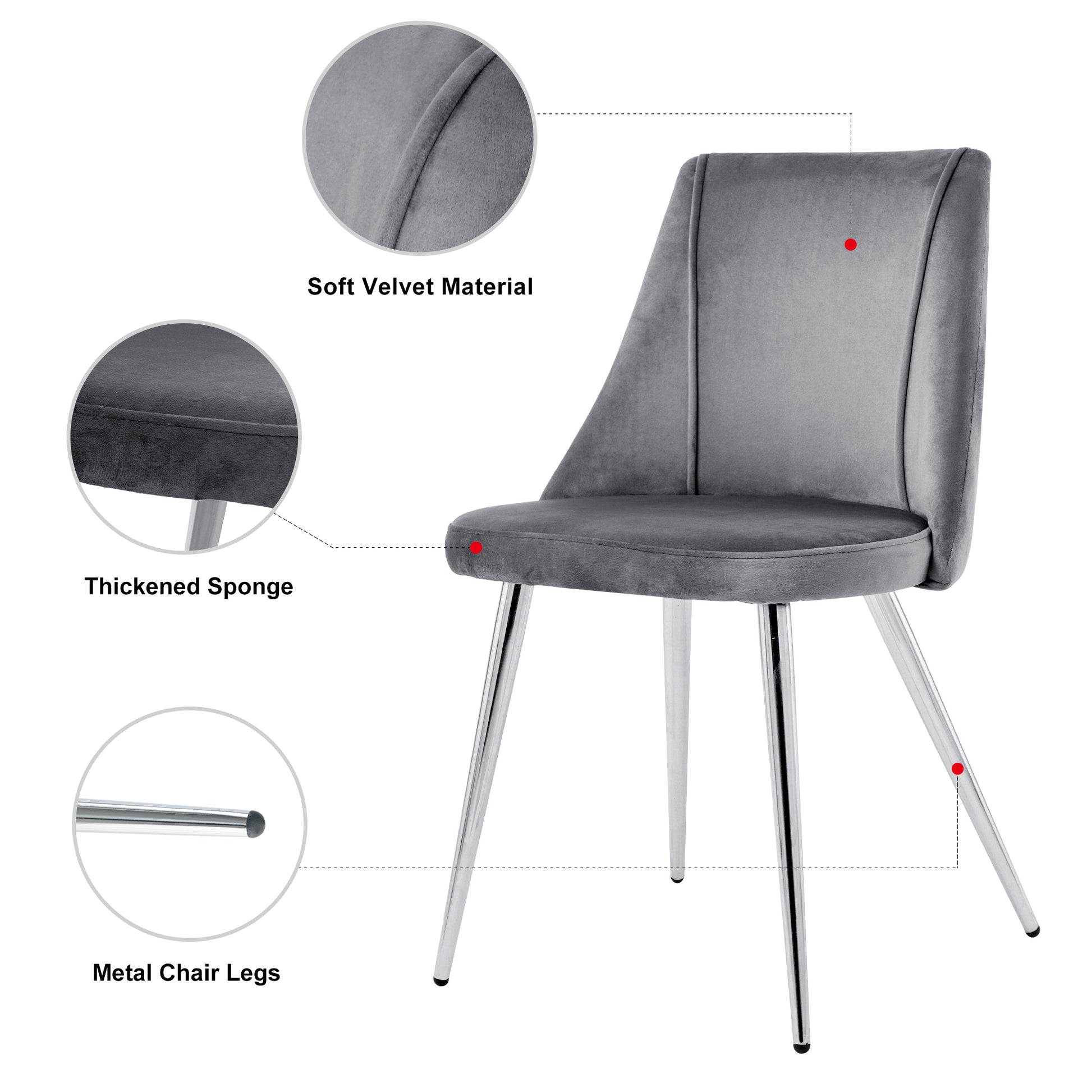 Grey velvet dining chair with plush cushioning and sleek metal legs