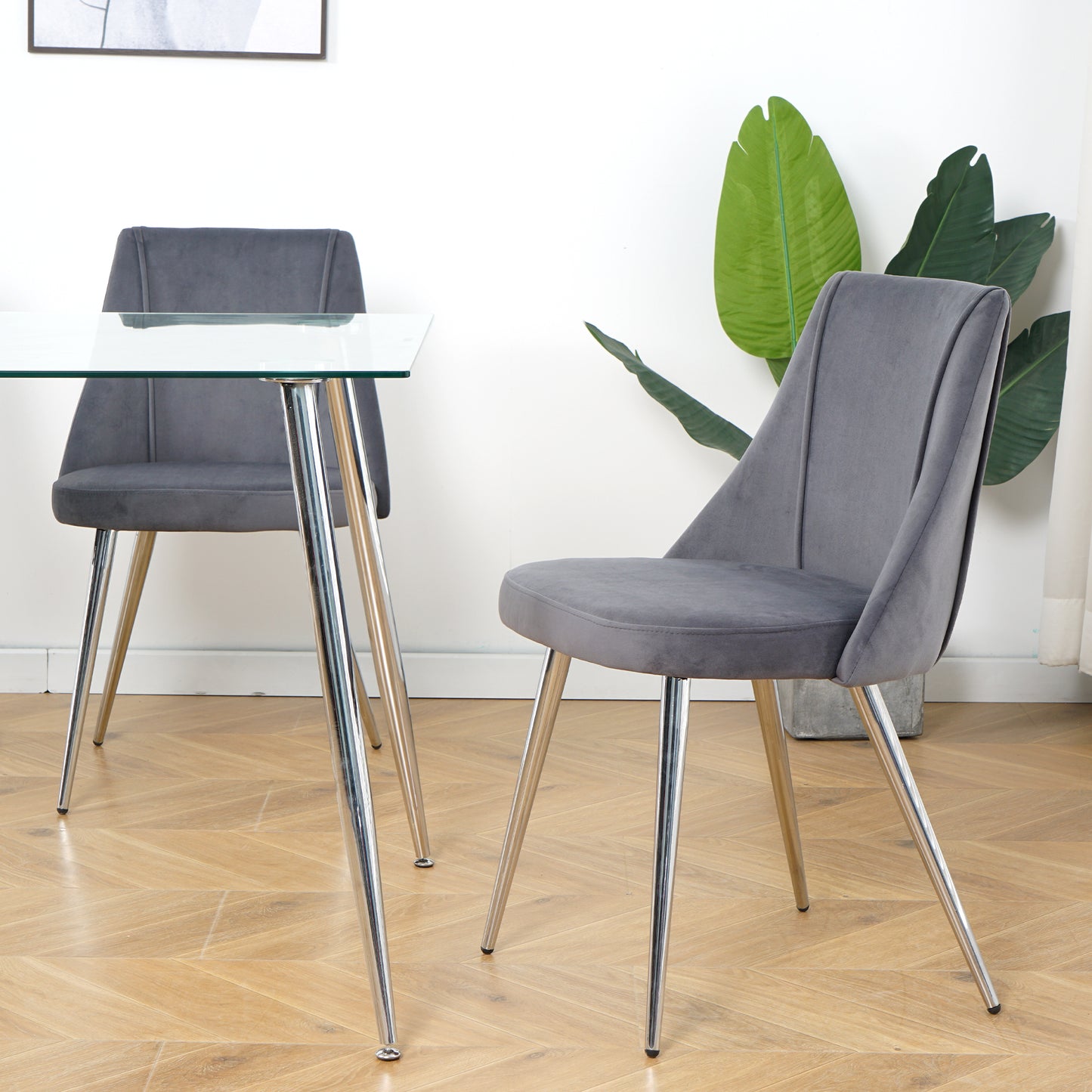 Plush grey velvet dining chair with sleek chrome legs modern accent furniture
