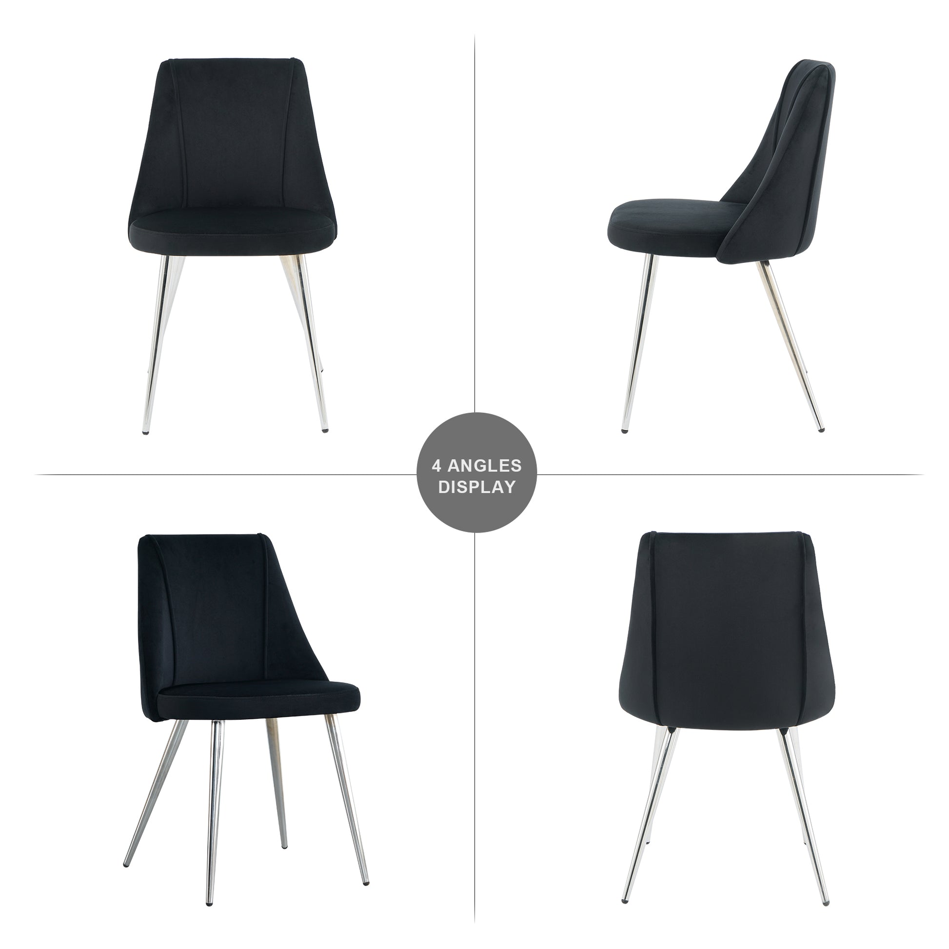 Black velvet dining chair with sleek chrome legs from multiple angles