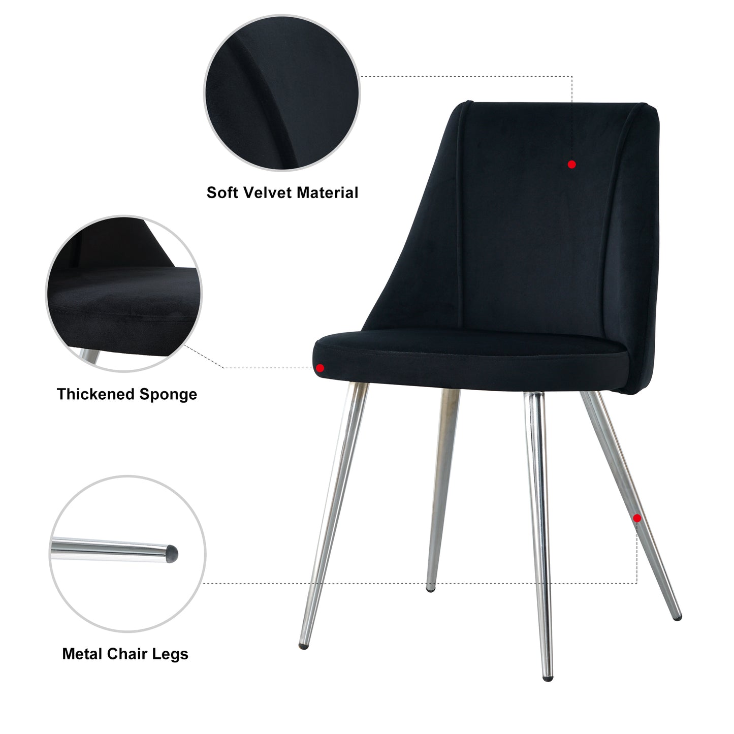 Black velvet dining chair with thickened sponge seat and chrome metal legs