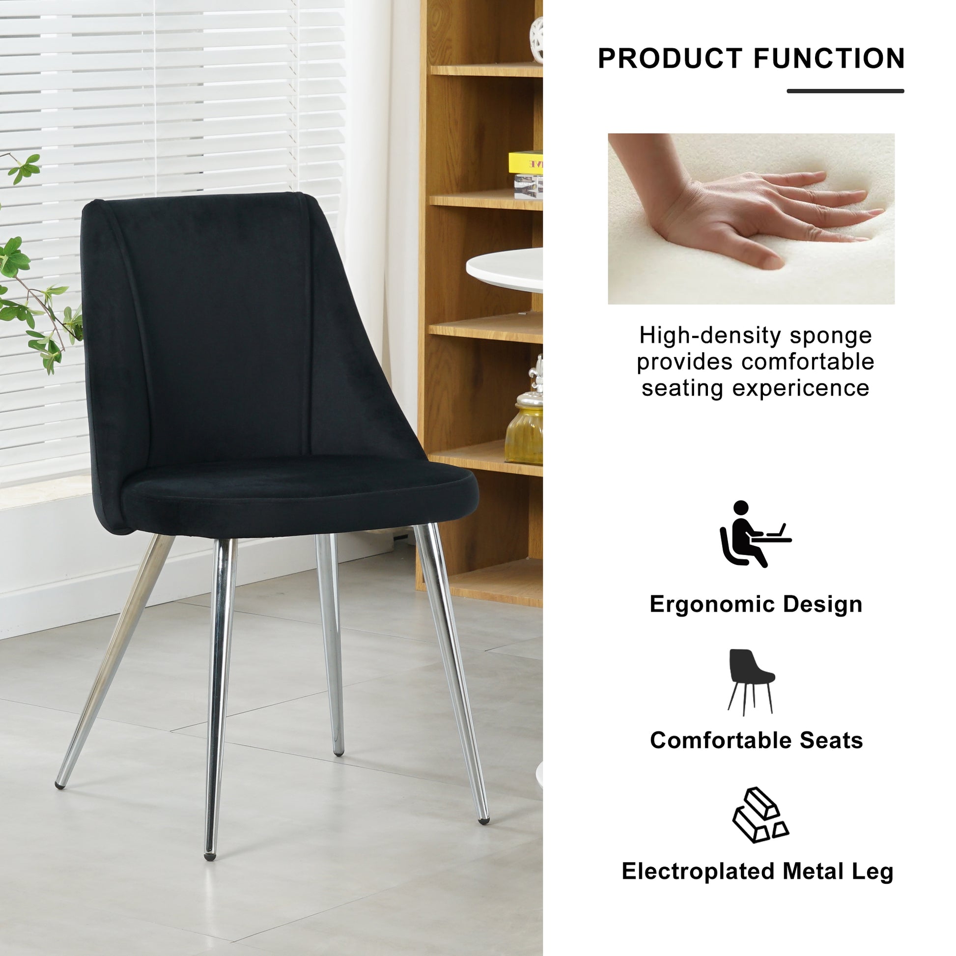 Black velvet dining chair with sleek chrome legs