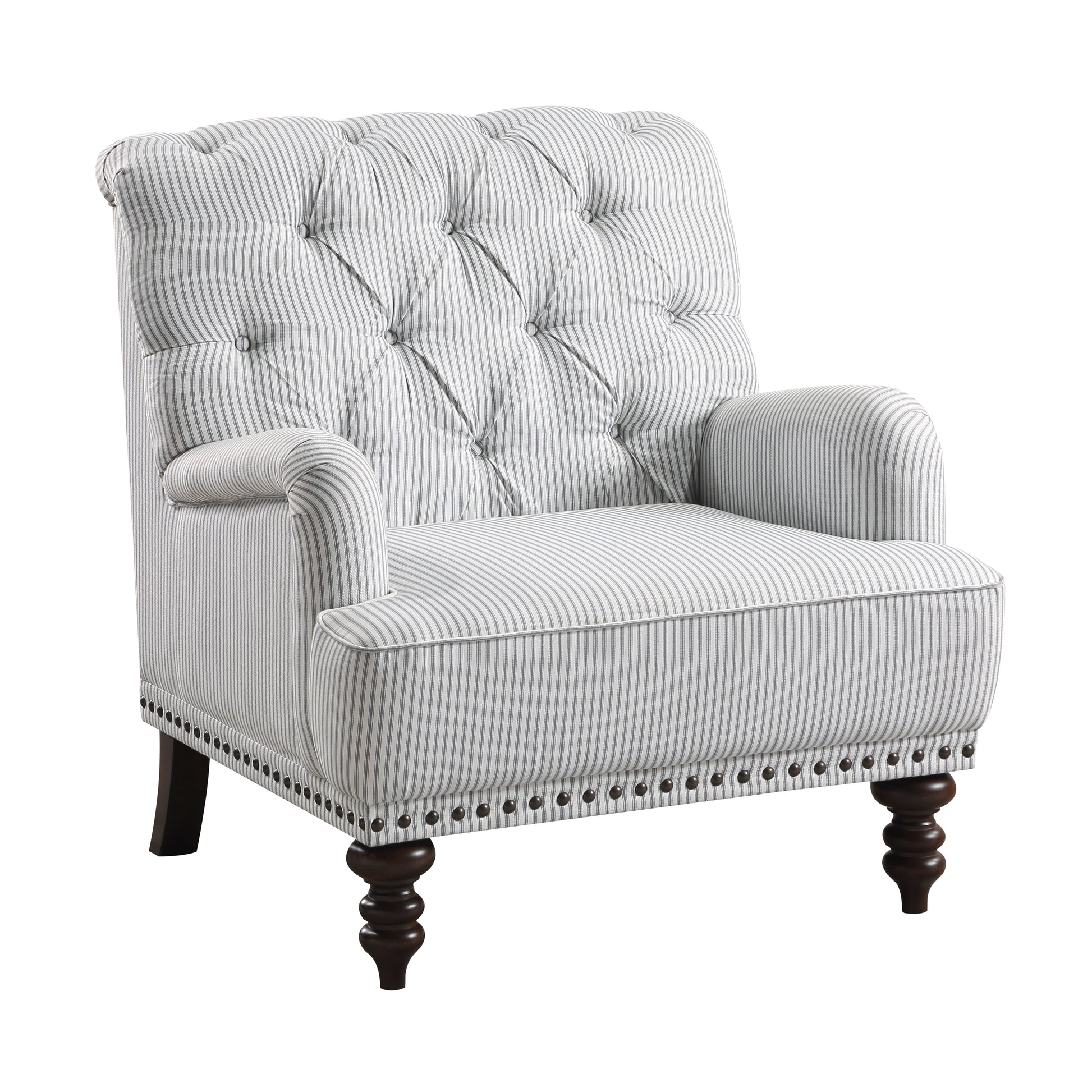 Tufted armchair with grey and white pinstripe upholstery and dark wood legs