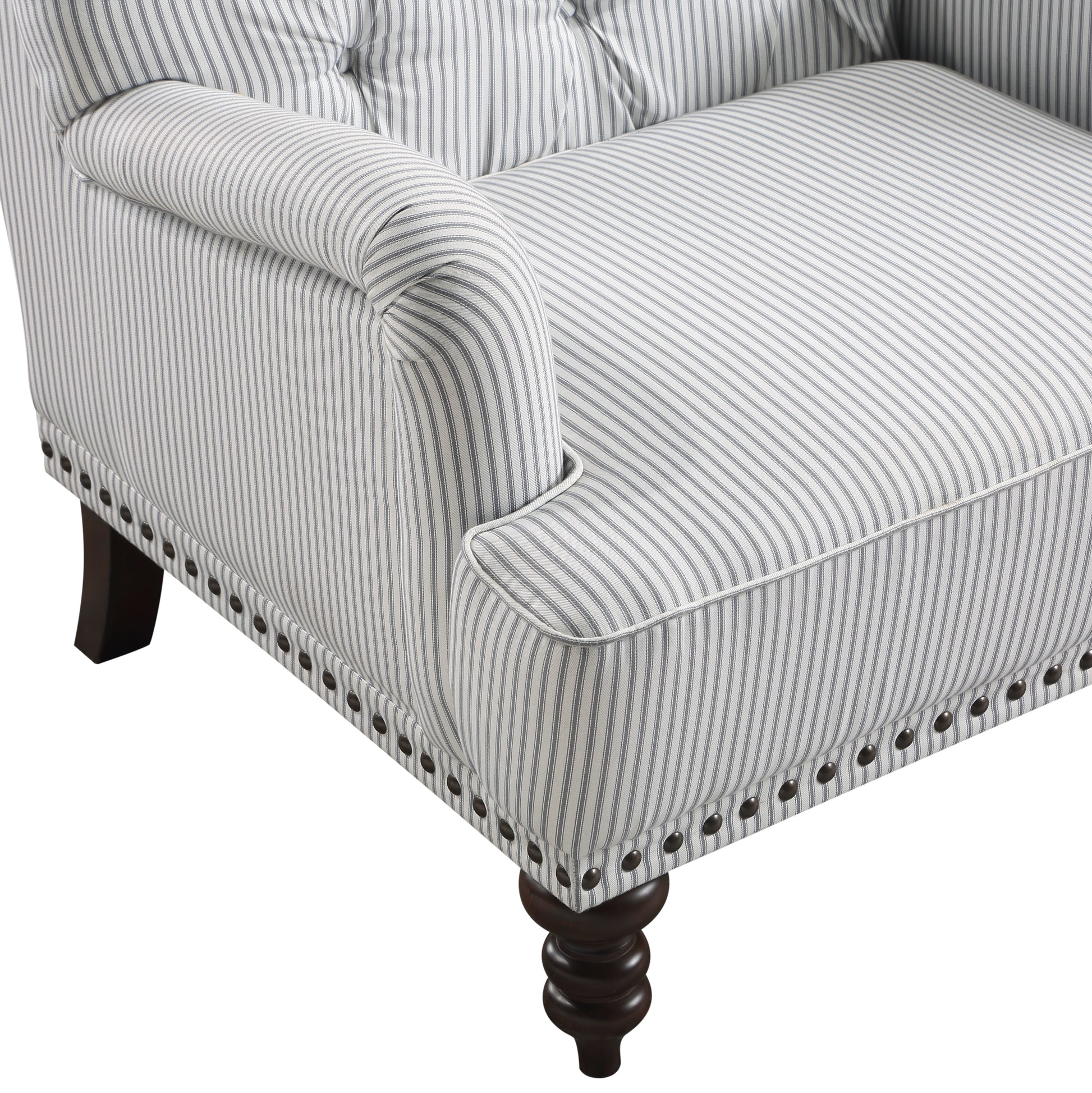 Striped armchair with rolled arms and dark wood legs