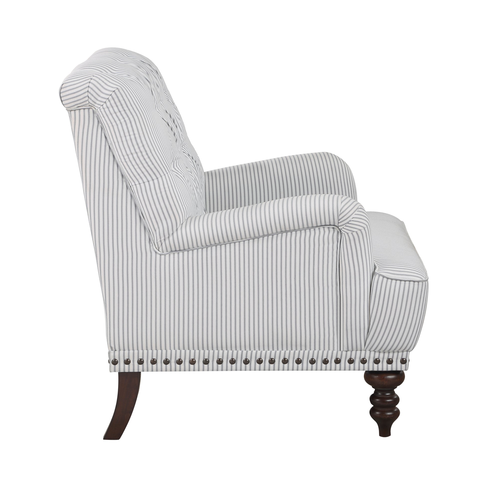 Classic armchair with grey and white pinstripe upholstery and dark wooden legs
