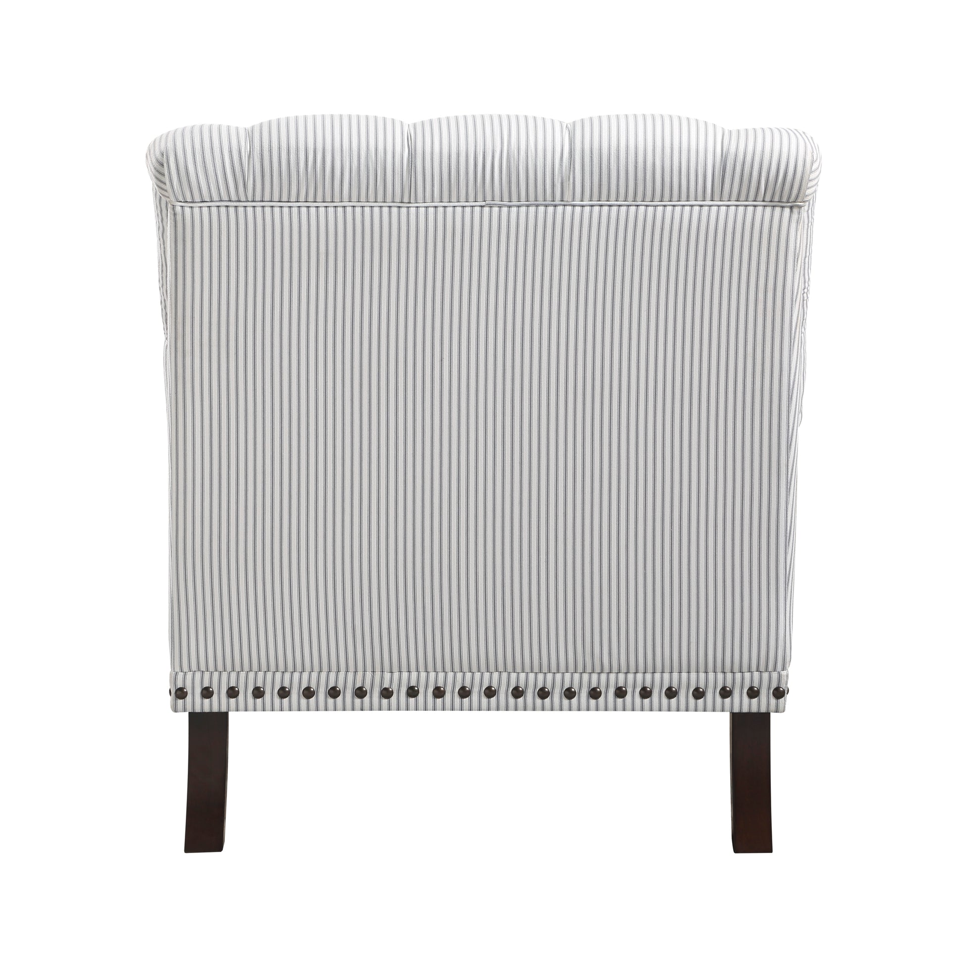 White tufted armchair with grey pinstripe upholstery and dark wooden legs