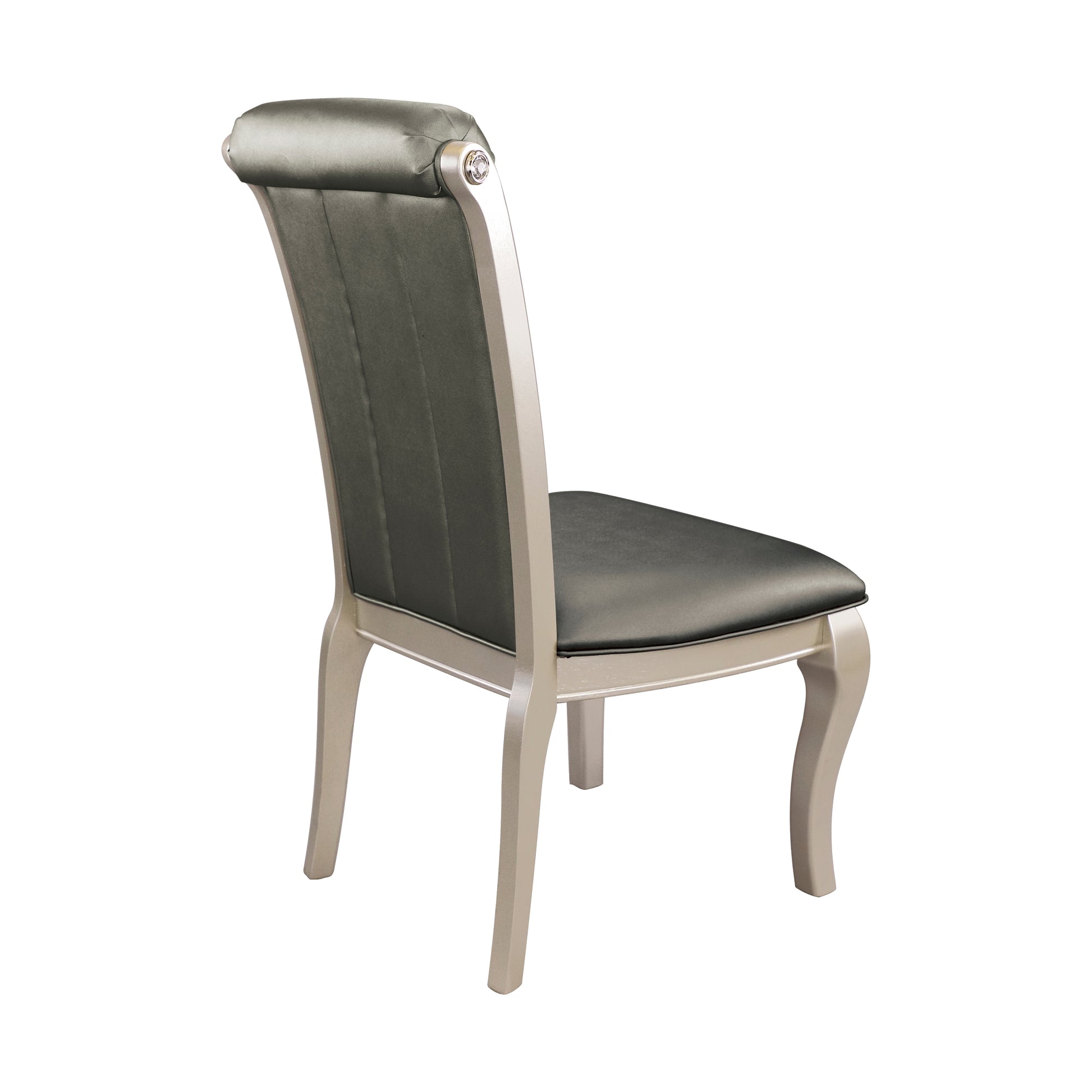 Elegant dining chair with charcoal grey upholstery and silvertoned frame