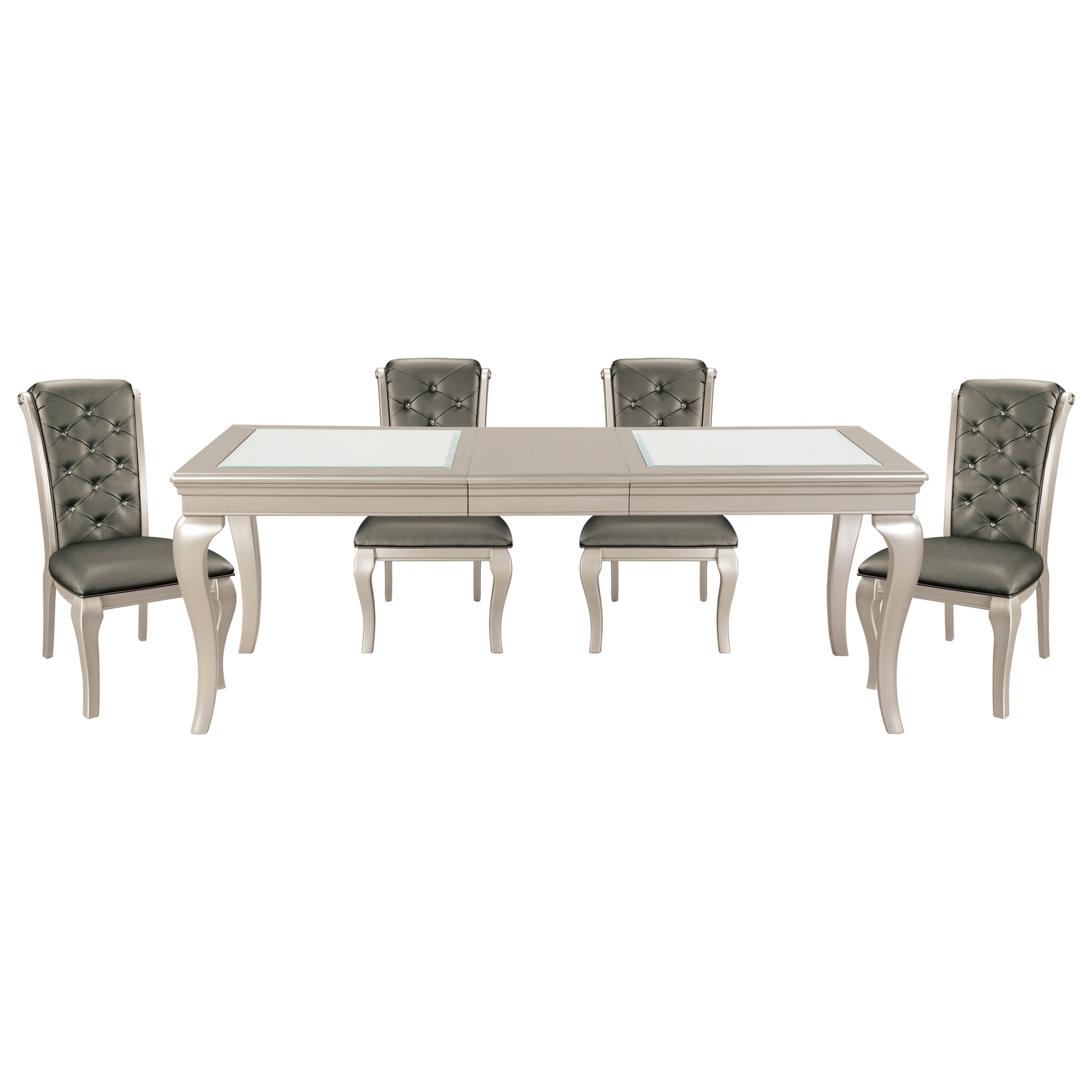 Ornate dining set with tufted gray chairs and a silverfinished table with glass inlays