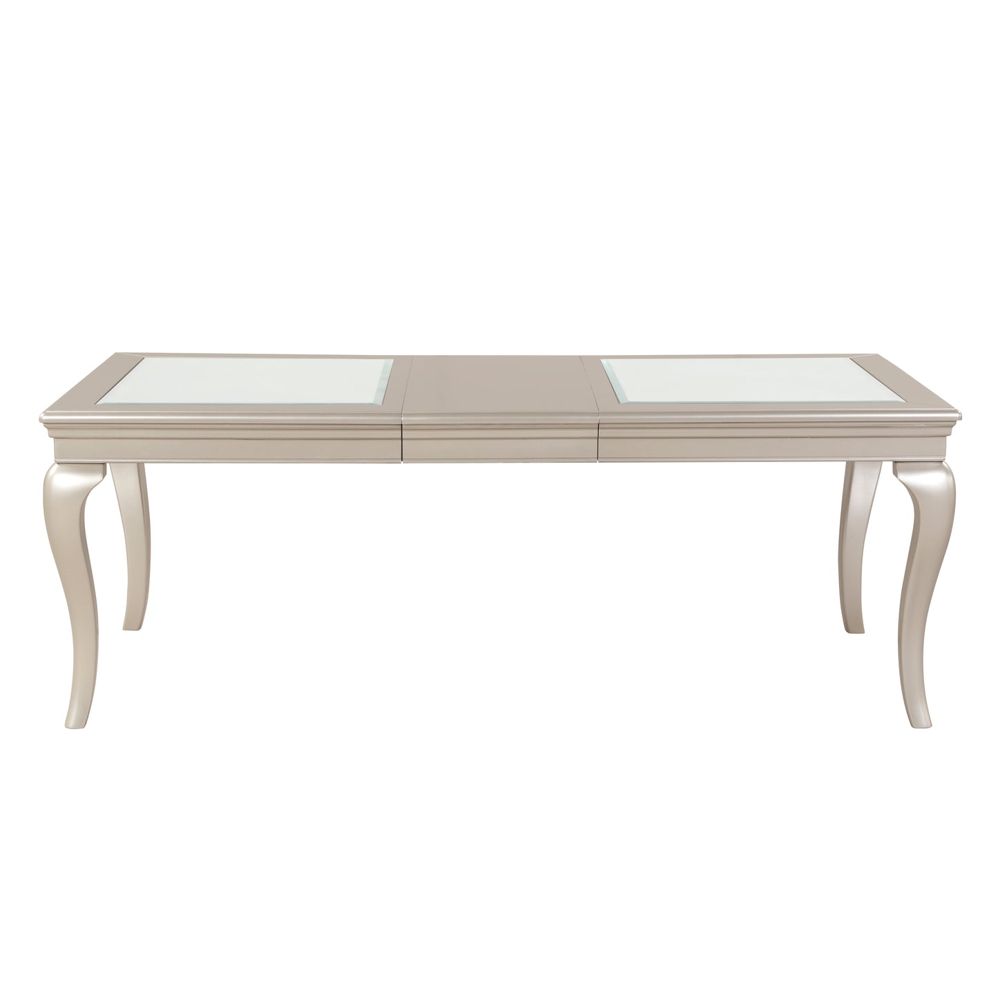 Glamorous champagne dining table with glass inlays and ornate legs