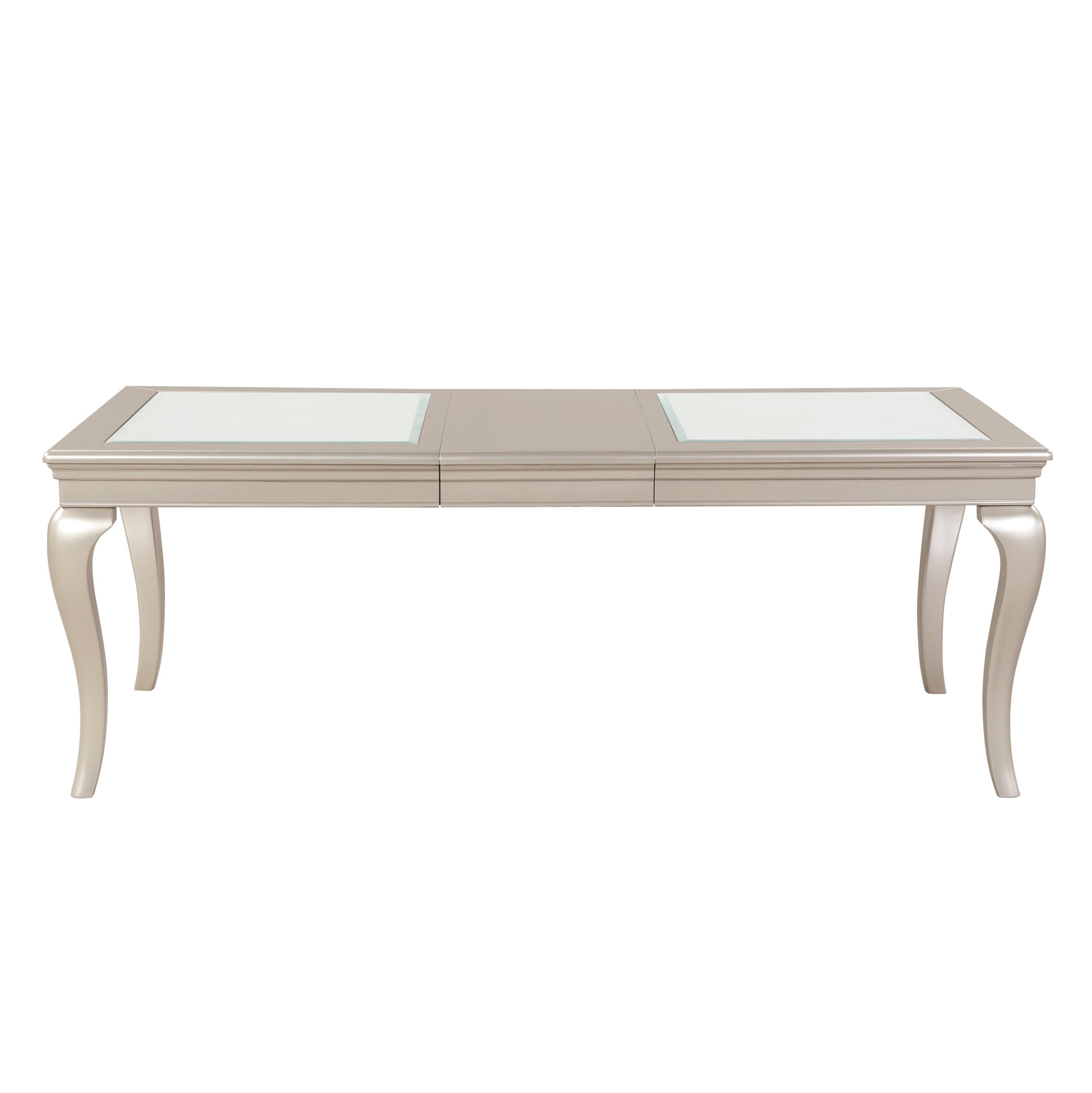 Glamorous champagne dining table with glass inlays and ornate legs