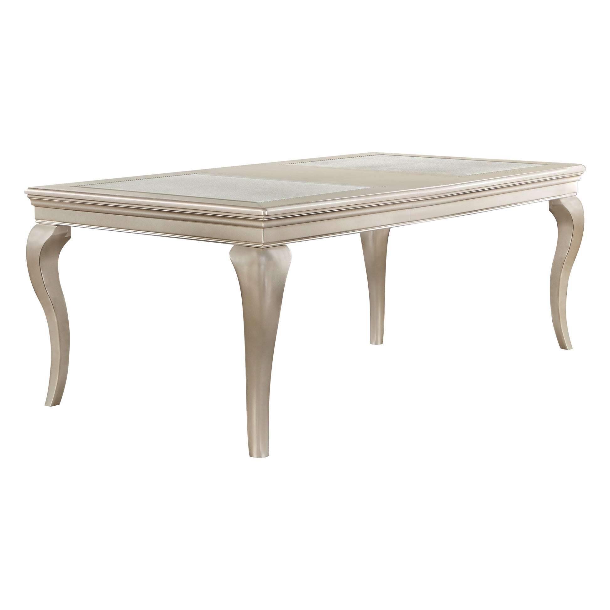 Elegant champagne dining table with ornate carved legs and a textured inlay surface