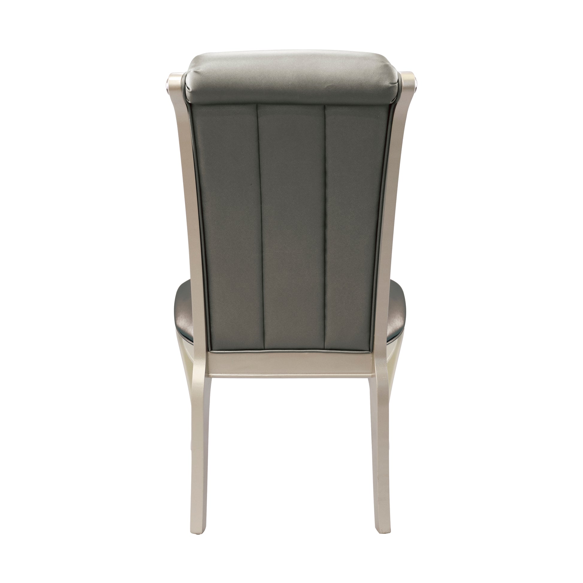 Tufted grey upholstered dining chair with a light wood frame seen from the back