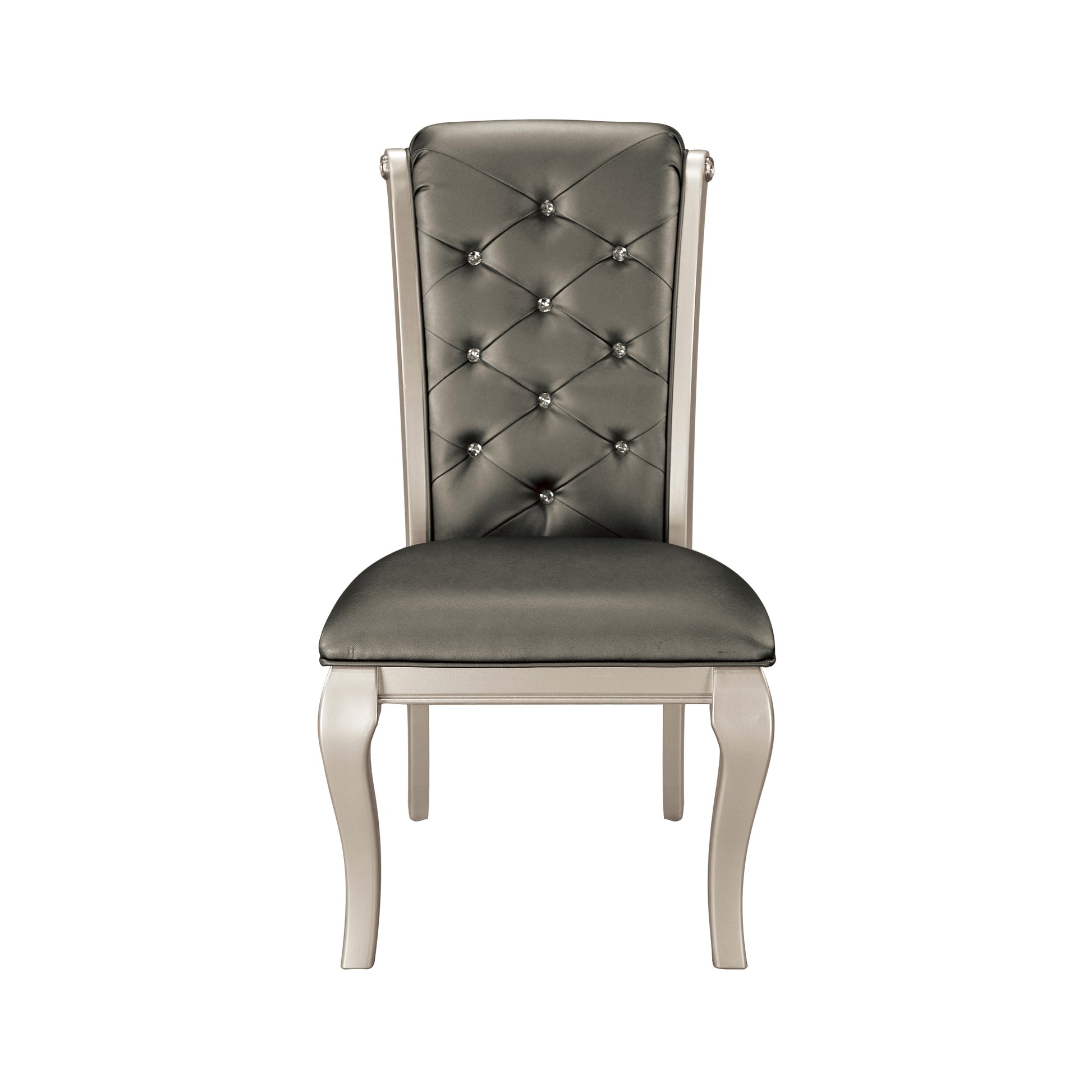 Tufted grey upholstered dining chair with crystal accents and silver legs