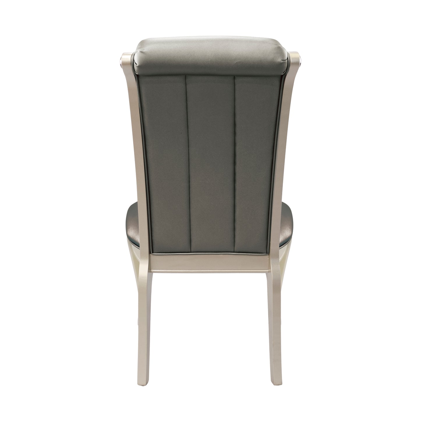 Back view of a gray tufted dining chair with silver legs