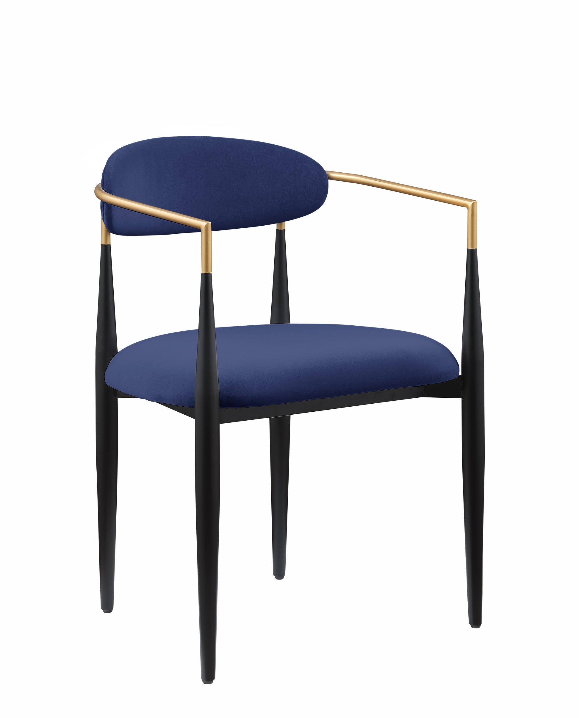 Navy blue velvet armchair with gold accents and black tapered legs