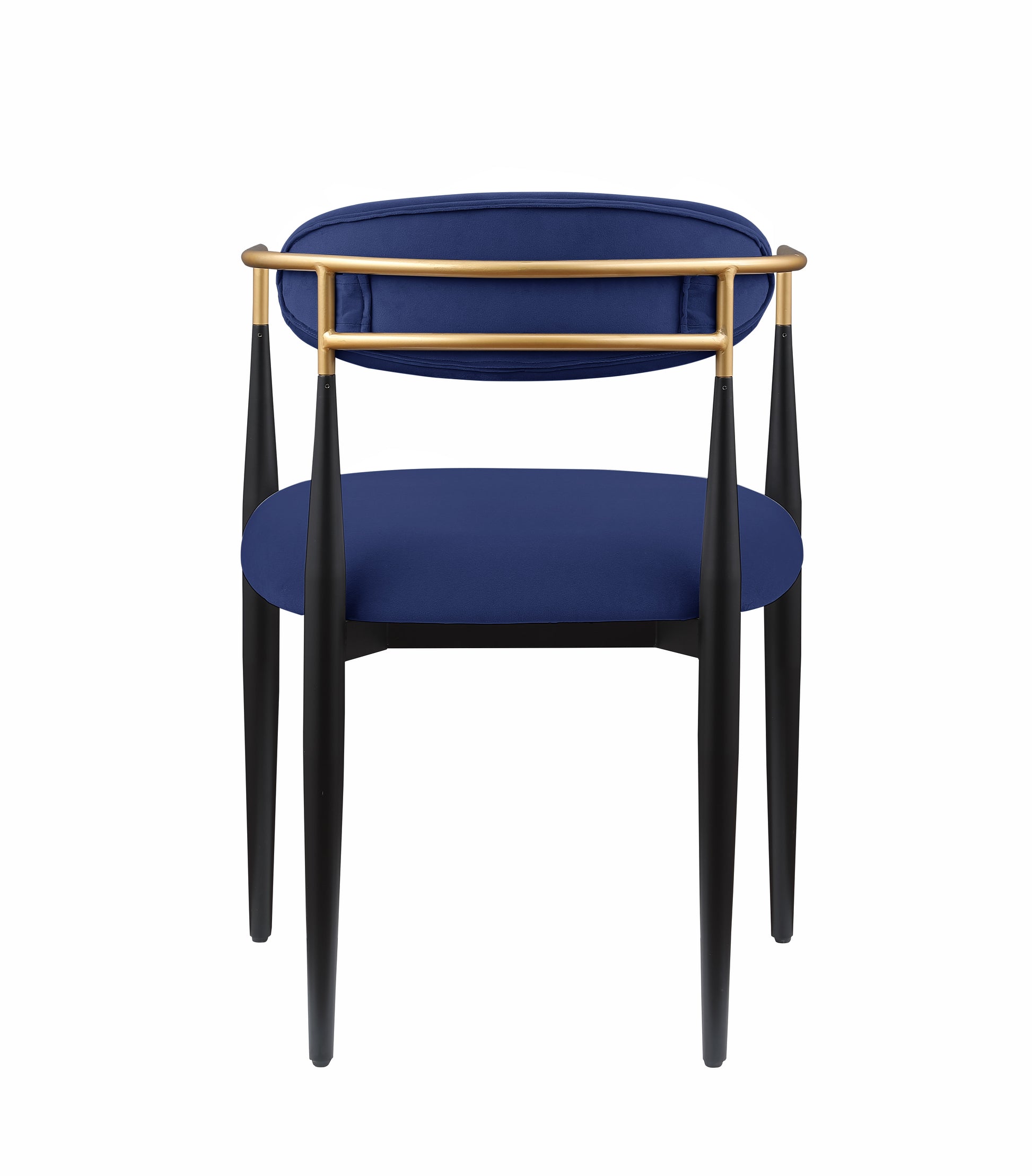 Modern upholstered accent chair with deep blue velvet and gold frame