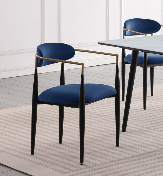Navy blue velvet armchair with gold frame and black legs