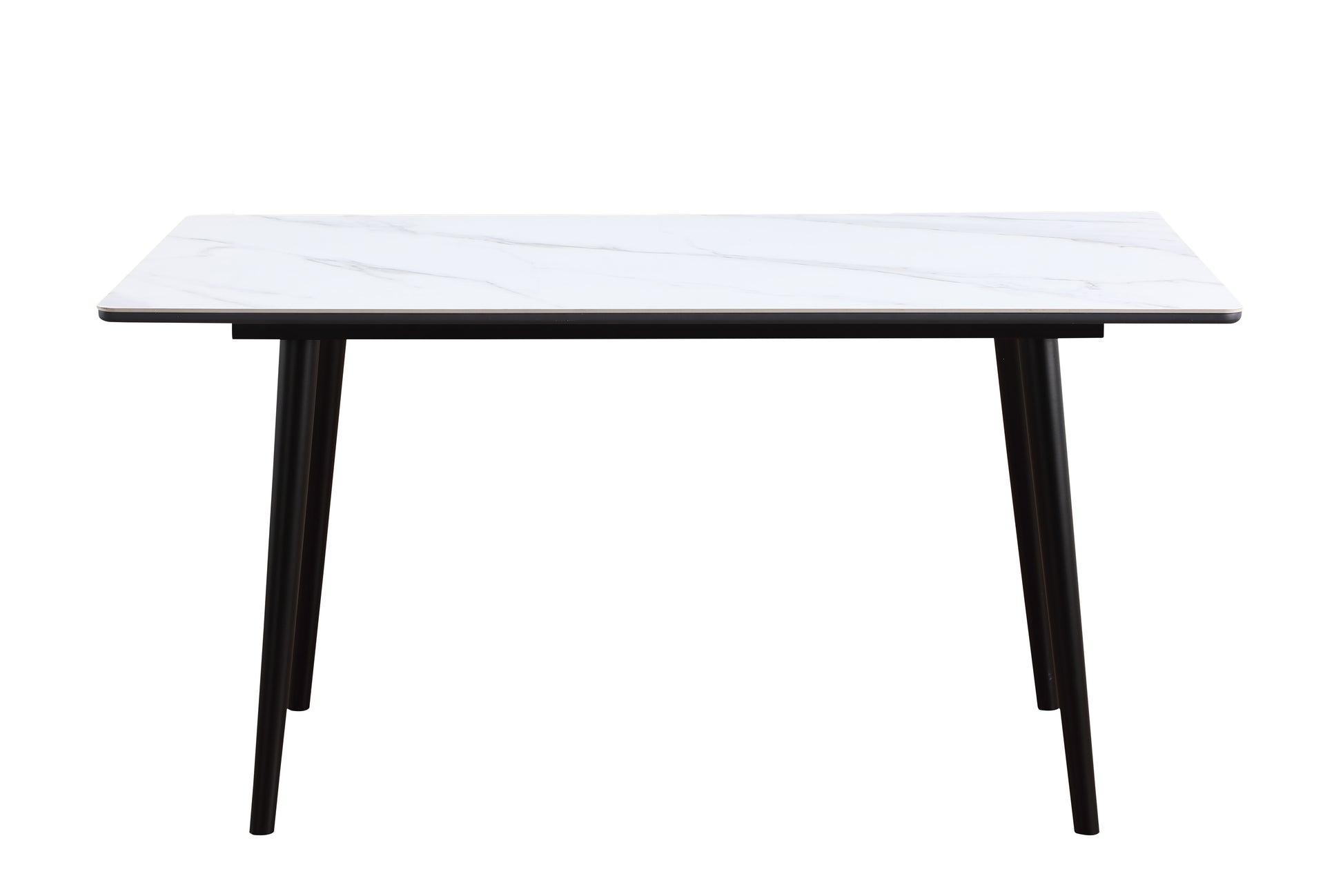 Rectangular white marble top dining table with black tapered legs