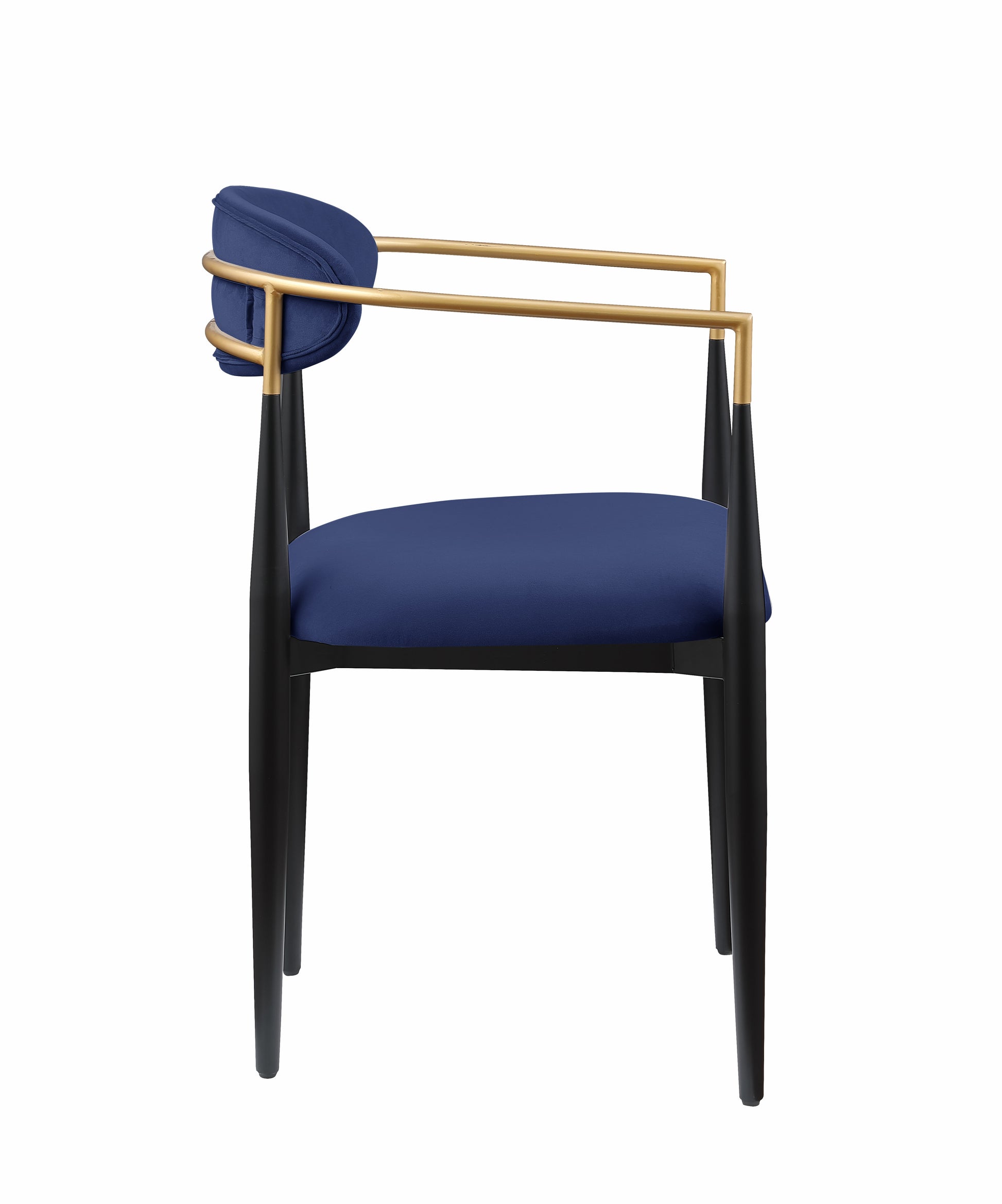 Deep blue velvet accent chair with gold metal frame and black legs