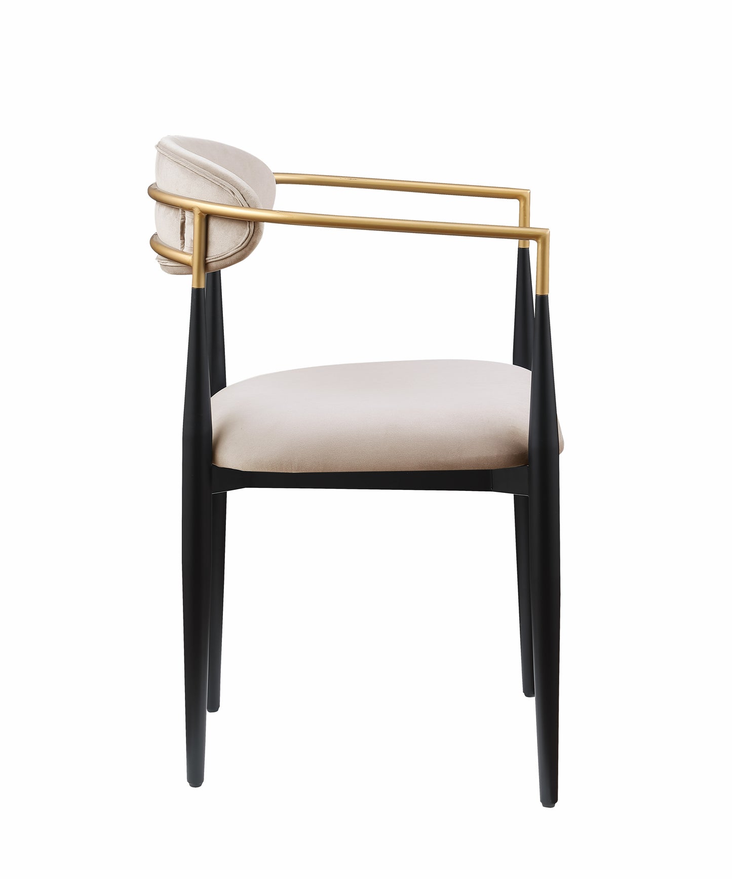 Upholstered modern armchair with gold metal arms and black legs