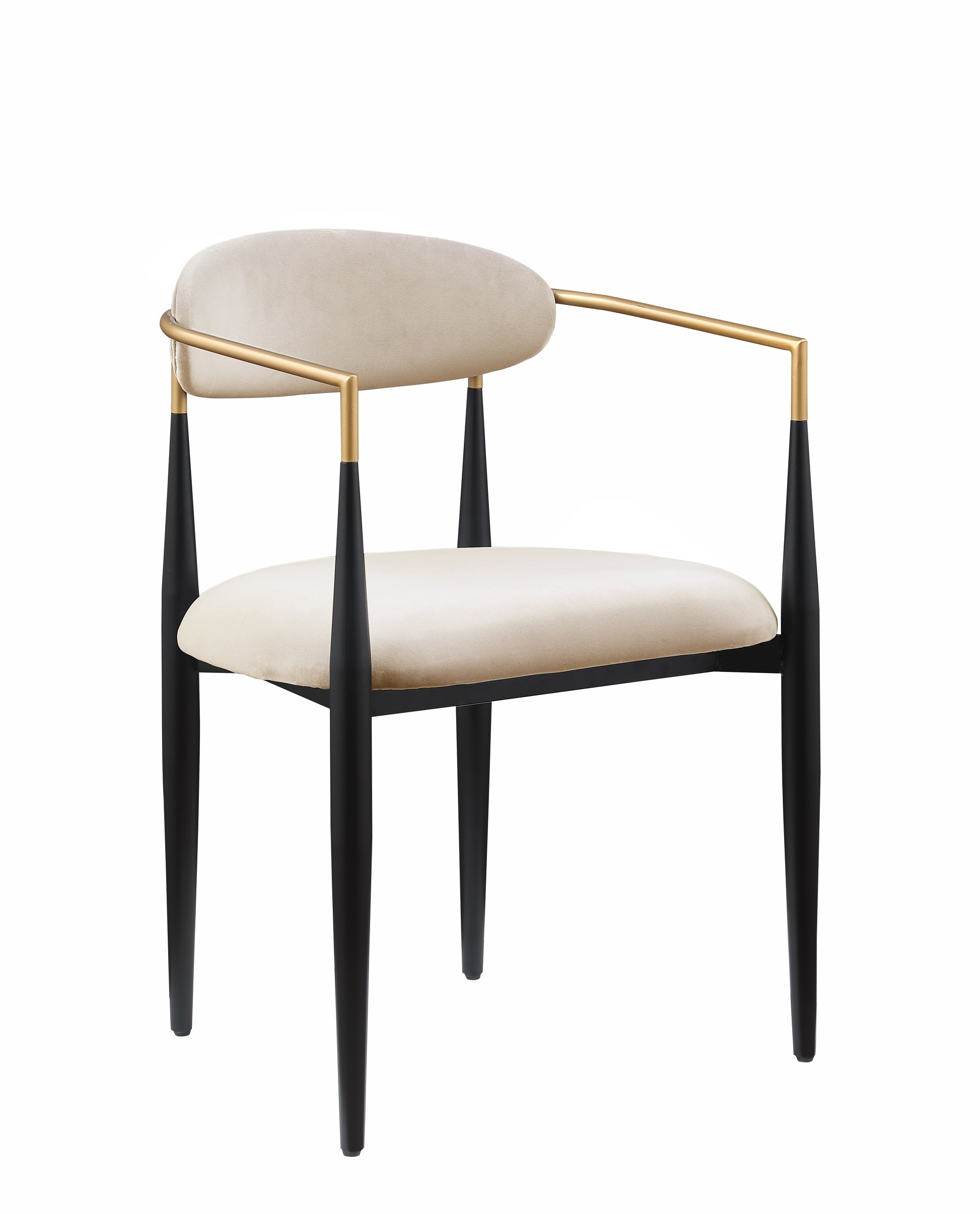 Modern armchair with cream velvet upholstery and brushed gold arms