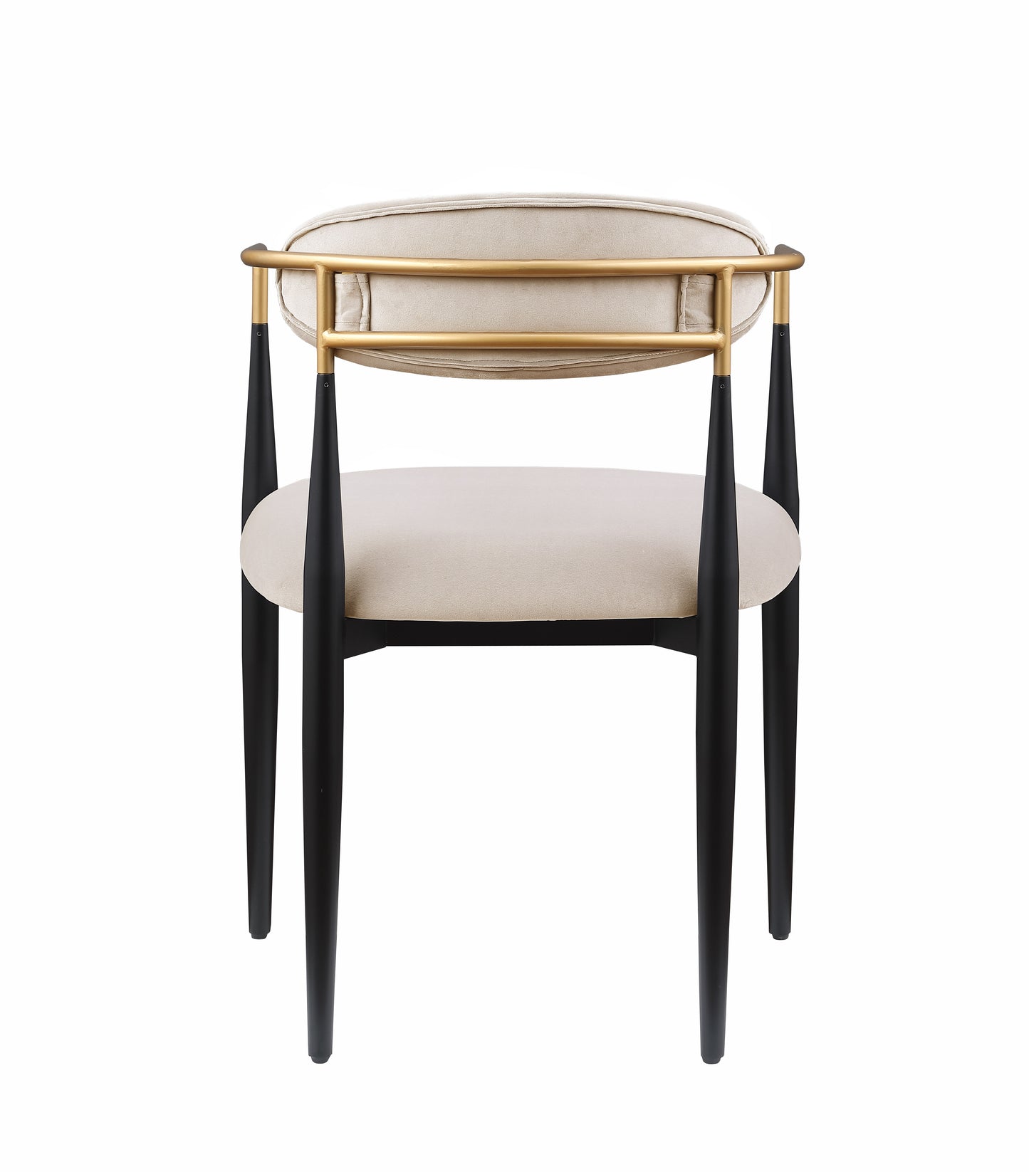 Modern beige velvet dining chair with gold accents and black tapered legs