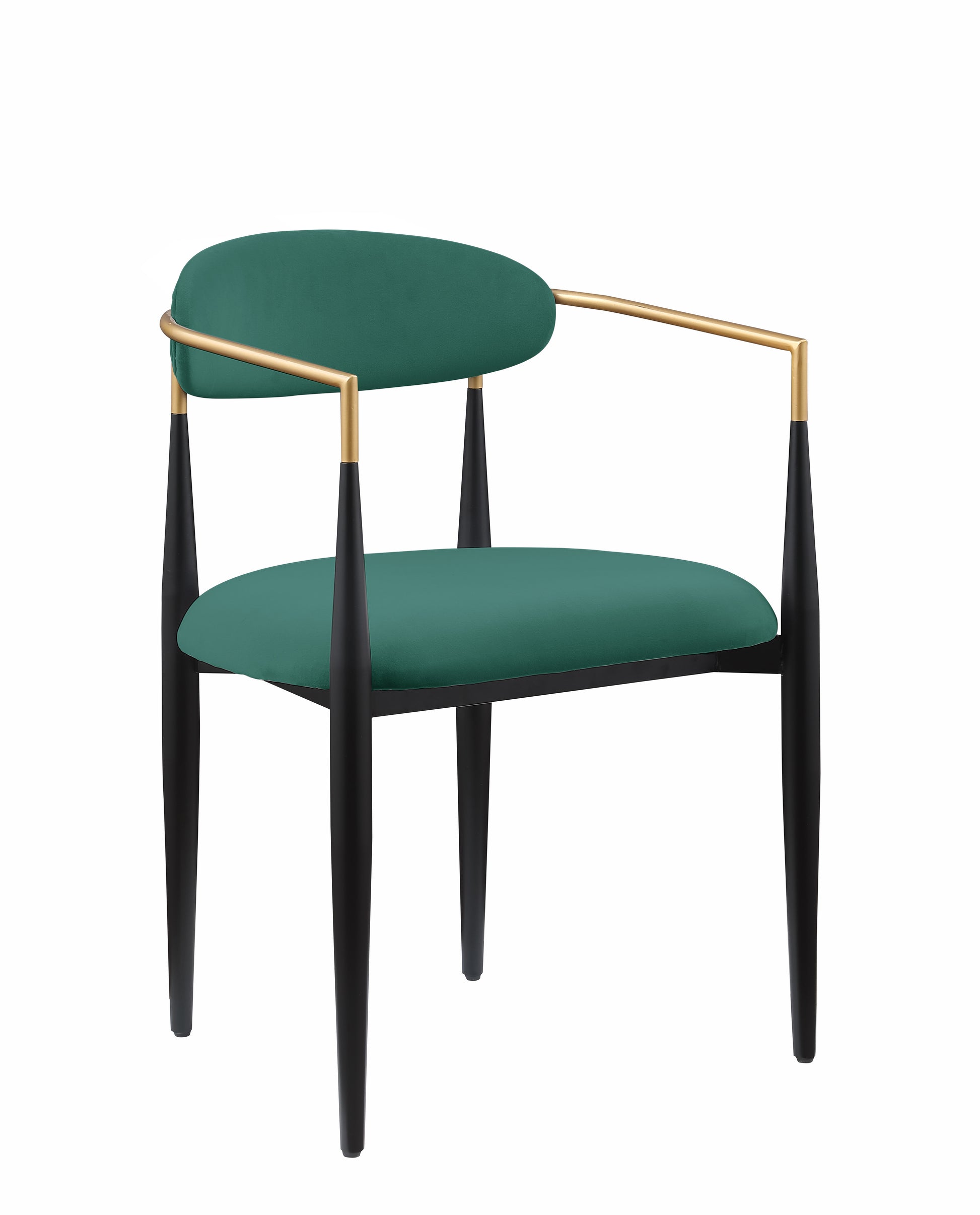 Emerald green velvet accent chair with gold and black metal legs