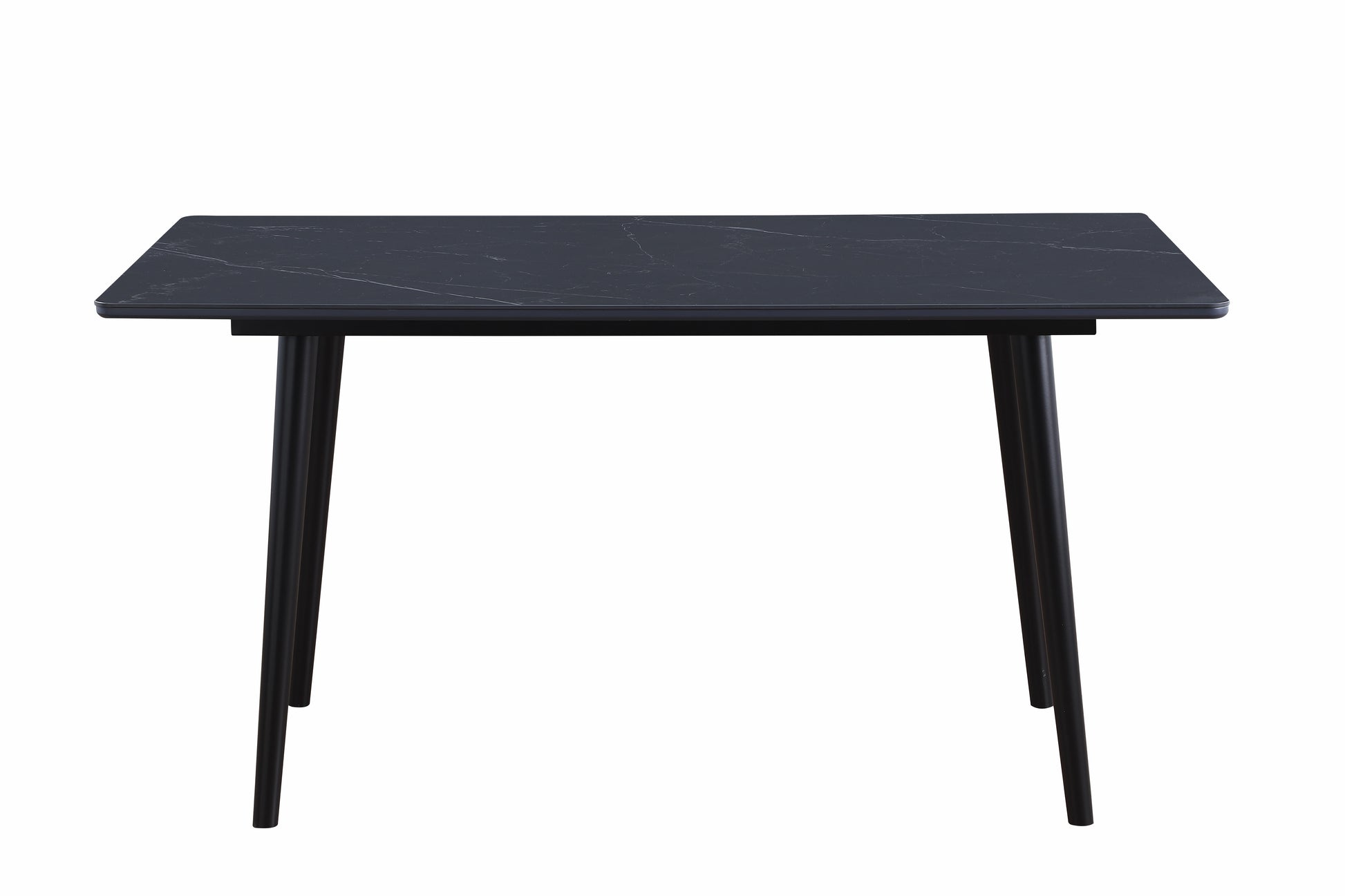 Rectangular dark marble dining table with sleek black legs for modern kitchens