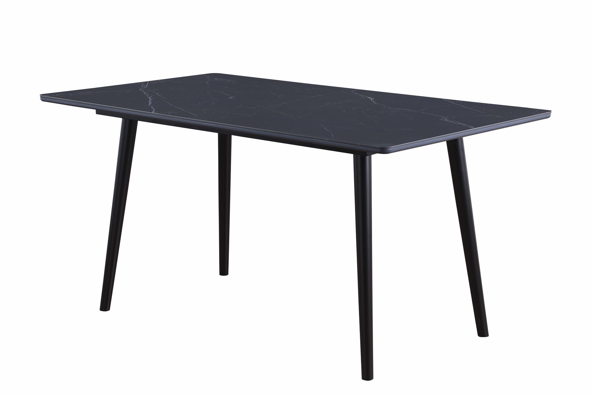 Rectangular black marble dining table with tapered legs