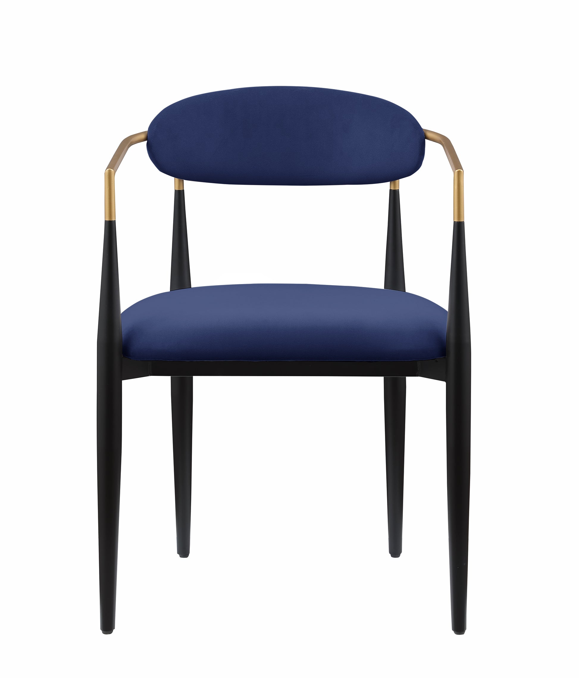 Dark blue velvet accent chair with black tapered legs and gold armrest accents