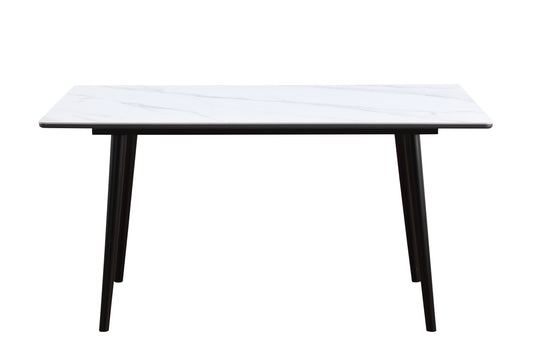 Modern rectangular dining table with white marble top and black tapered legs
