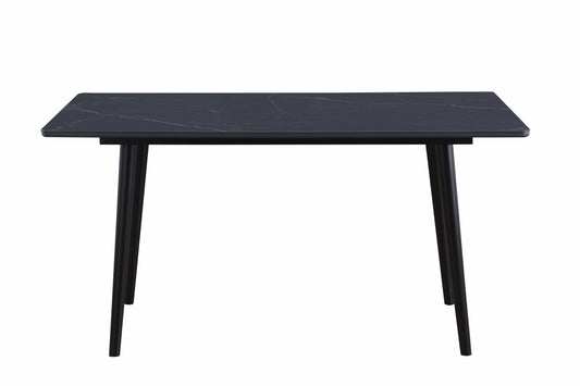 Rectangular black marble dining table with tapered black metal legs