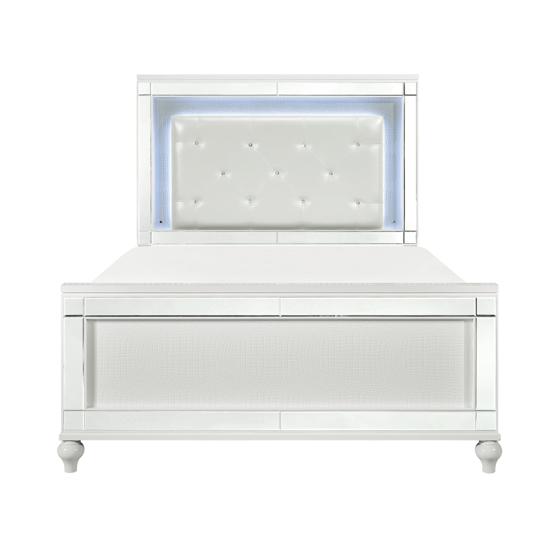 White tufted leather bed frame with mirrored accents and LED headboard light